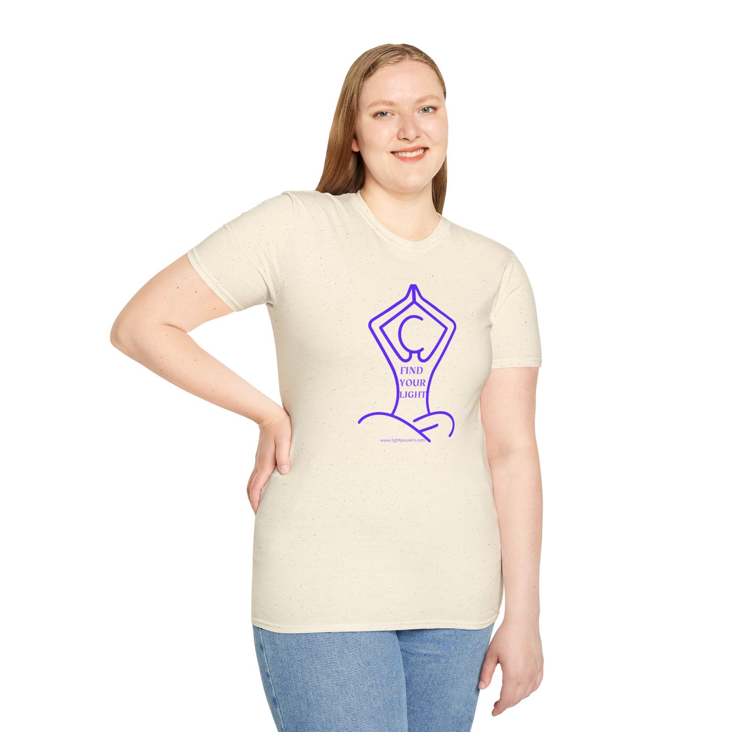 A woman in a white shirt with a purple logo poses in a casual, heavy cotton tee. No side seams, smooth surface for printing, and tear-away label. Yoga Find Your Light Unisex T-shirt.