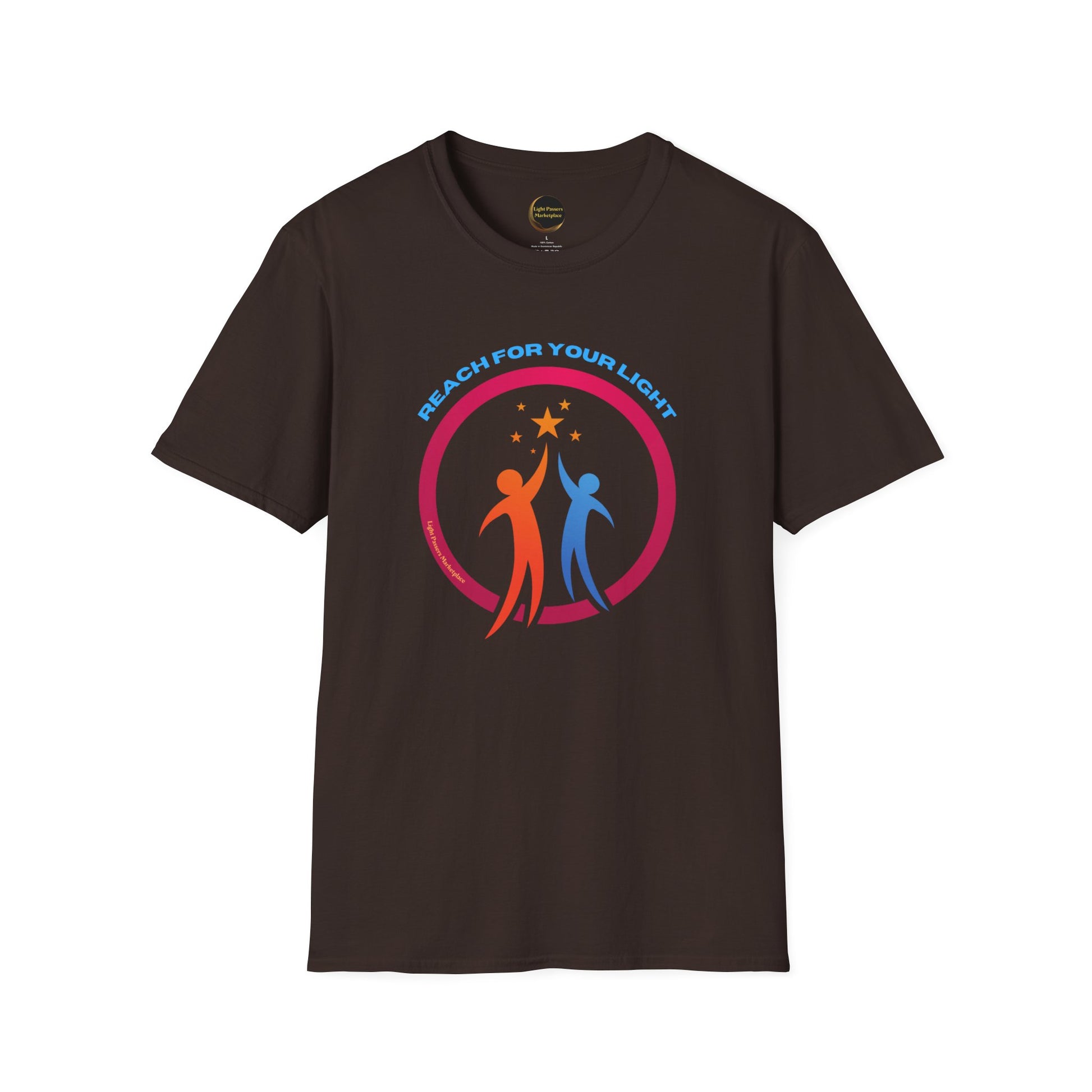 A brown unisex t-shirt featuring a logo of people reaching for a star. Made of soft 100% ring-spun cotton, with twill tape shoulders for durability and a ribbed collar. Ethically sourced and Oeko-Tex certified.