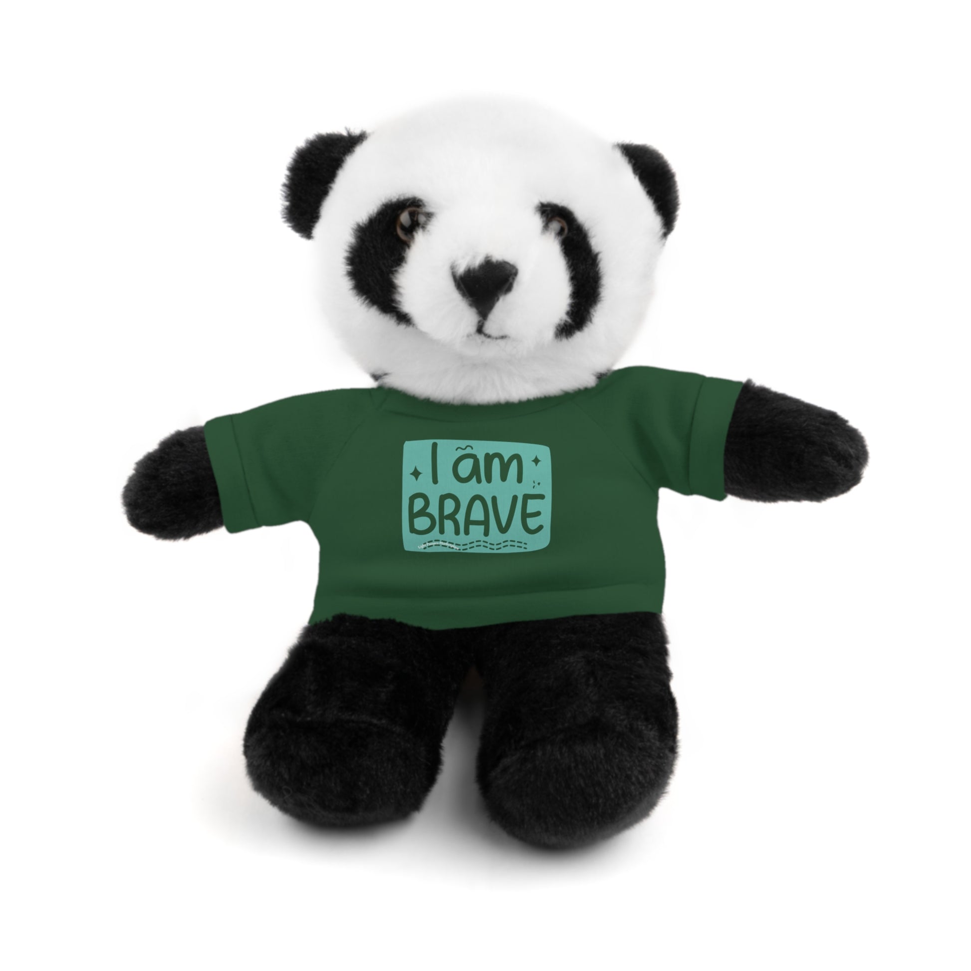 Stuffed panda bear in green shirt, part of Cool Stuff Stuffies collection, featuring a customizable tee with I am Brave message.