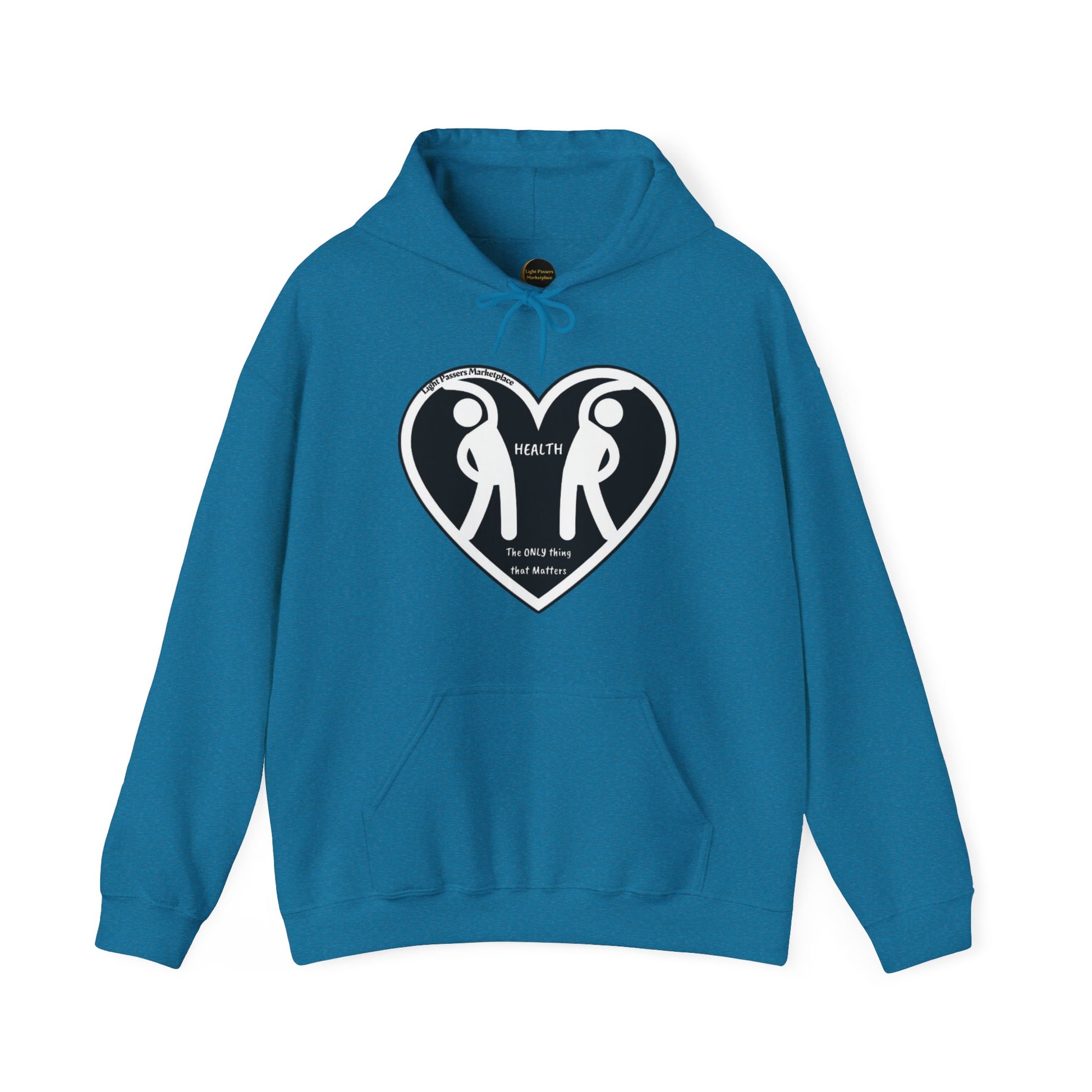 A blue unisex hooded sweatshirt featuring a heart and two people design, made of 50% cotton and 50% polyester for warmth and comfort. Includes a kangaroo pocket and color-matched drawstring for style.