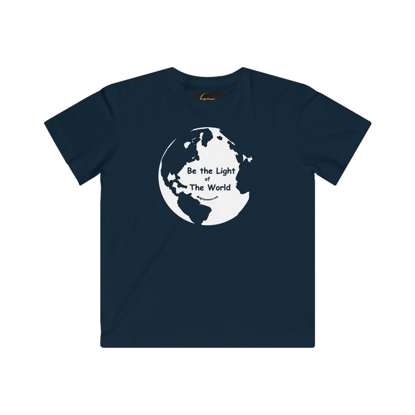 Youth t-shirt featuring a blue shirt with a white globe and text design. Super soft fabric, 100% combed ringspun cotton, light (4.5 oz/yd²), tear away label, regular fit, true to size.