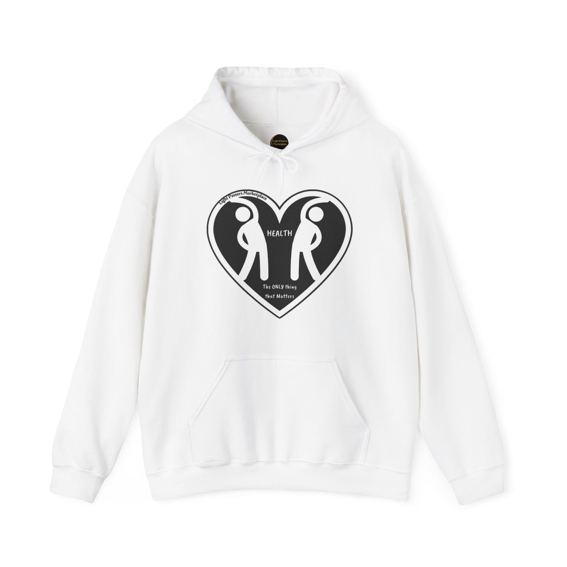 A white unisex hooded sweatshirt featuring a heart and two people design, made from a cozy blend of cotton and polyester. Includes a kangaroo pocket and color-matched drawstring for style and practicality.