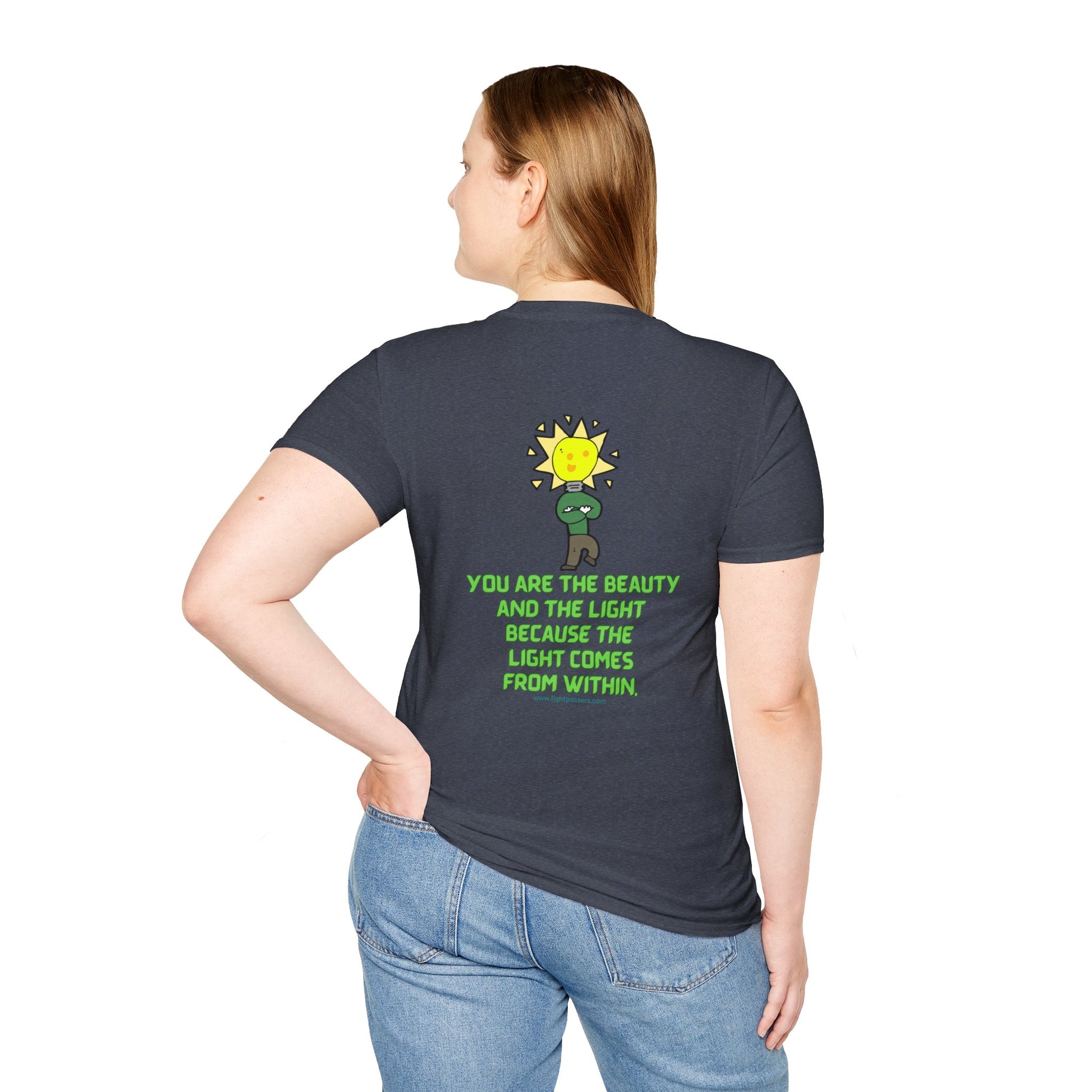 Unisex Beauty and the Light T-shirt BACK featuring a woman in a cartoon light bulb tee, close-up fabric with writing, and person's back with text. Classic fit, 100% cotton, tear-away label.