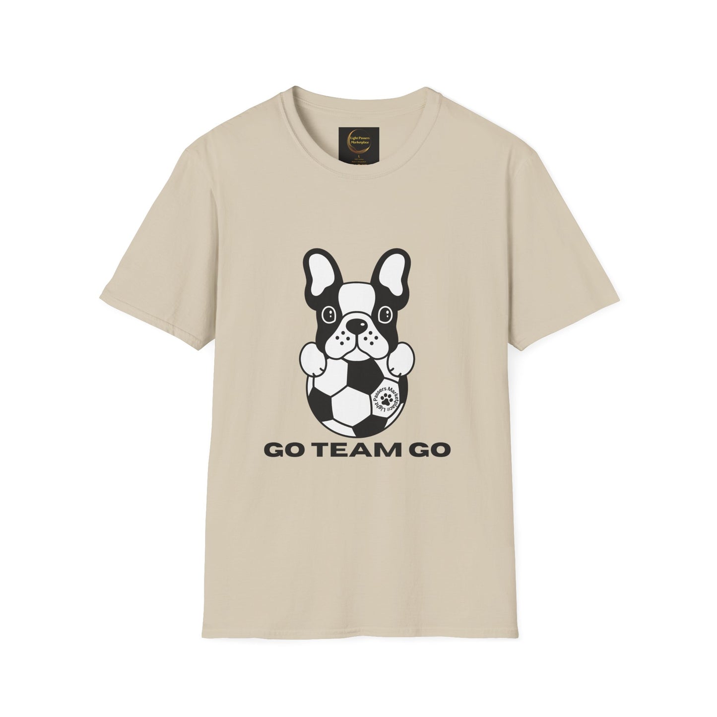 Soccer Dog Unisex T-Shirt: Light-beige tee featuring a French bulldog with a soccer ball and GO TEAM GO slogan, highlighting casual comfort and ethical production.