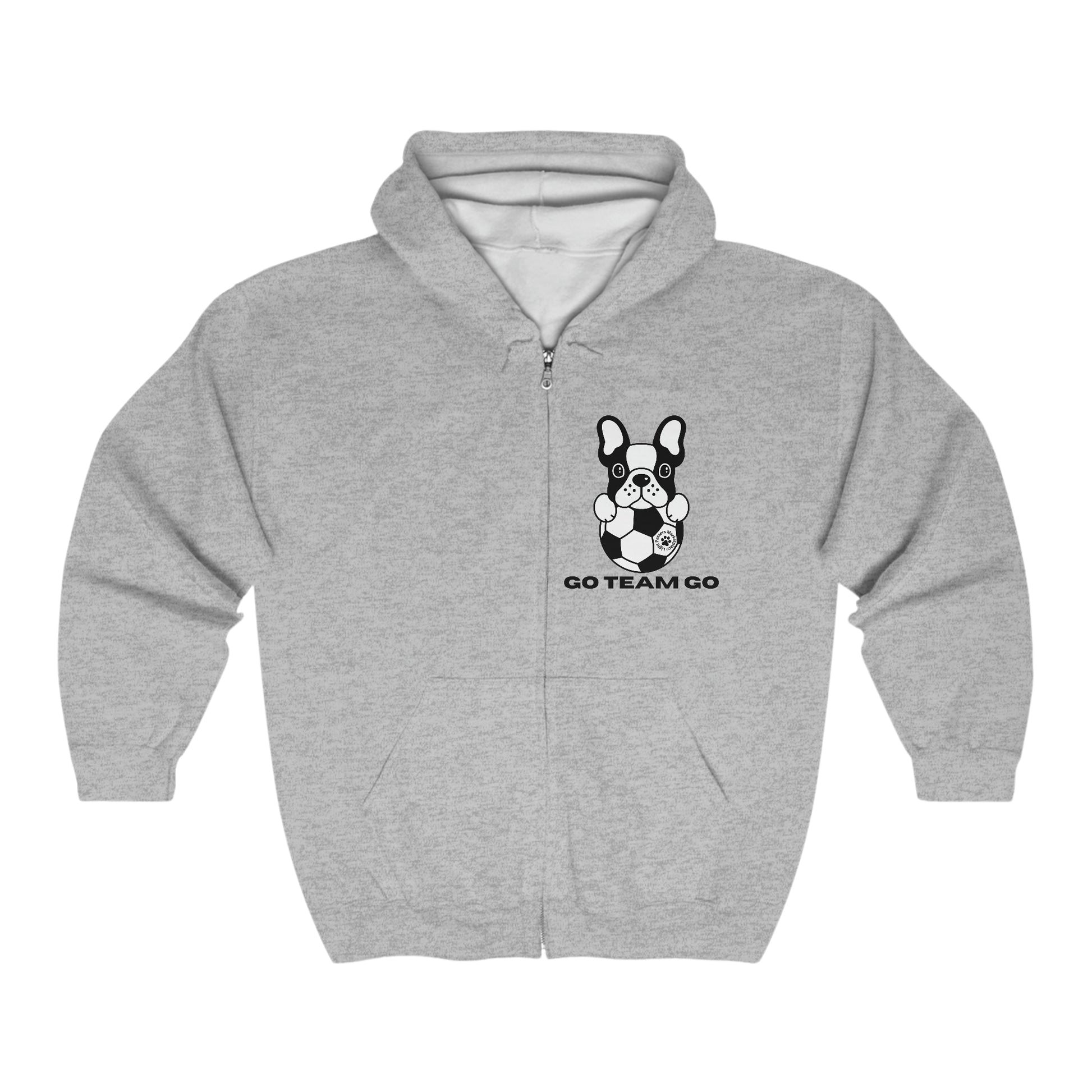 A grey full zip hooded sweatshirt featuring a dog with a football. Medium-heavy fabric, classic fit, 50% cotton, 50% polyester blend. Sewn-in label, soft fleece, reduced pilling.
