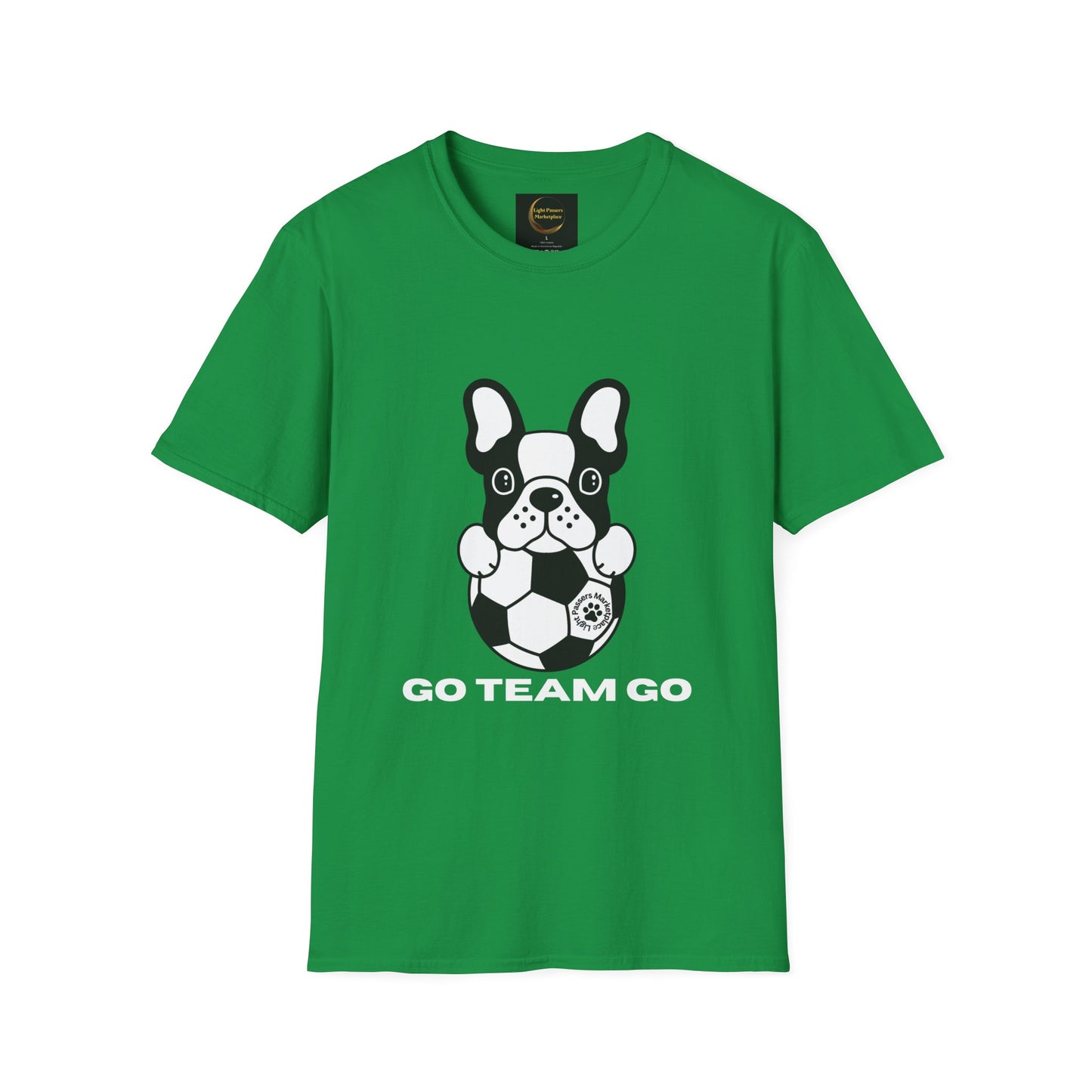 A green unisex t-shirt featuring a dog playing soccer. Made of soft 100% ring-spun cotton, with twill tape shoulders for durability and a ribbed collar. Ethically sourced and Oeko-Tex certified.