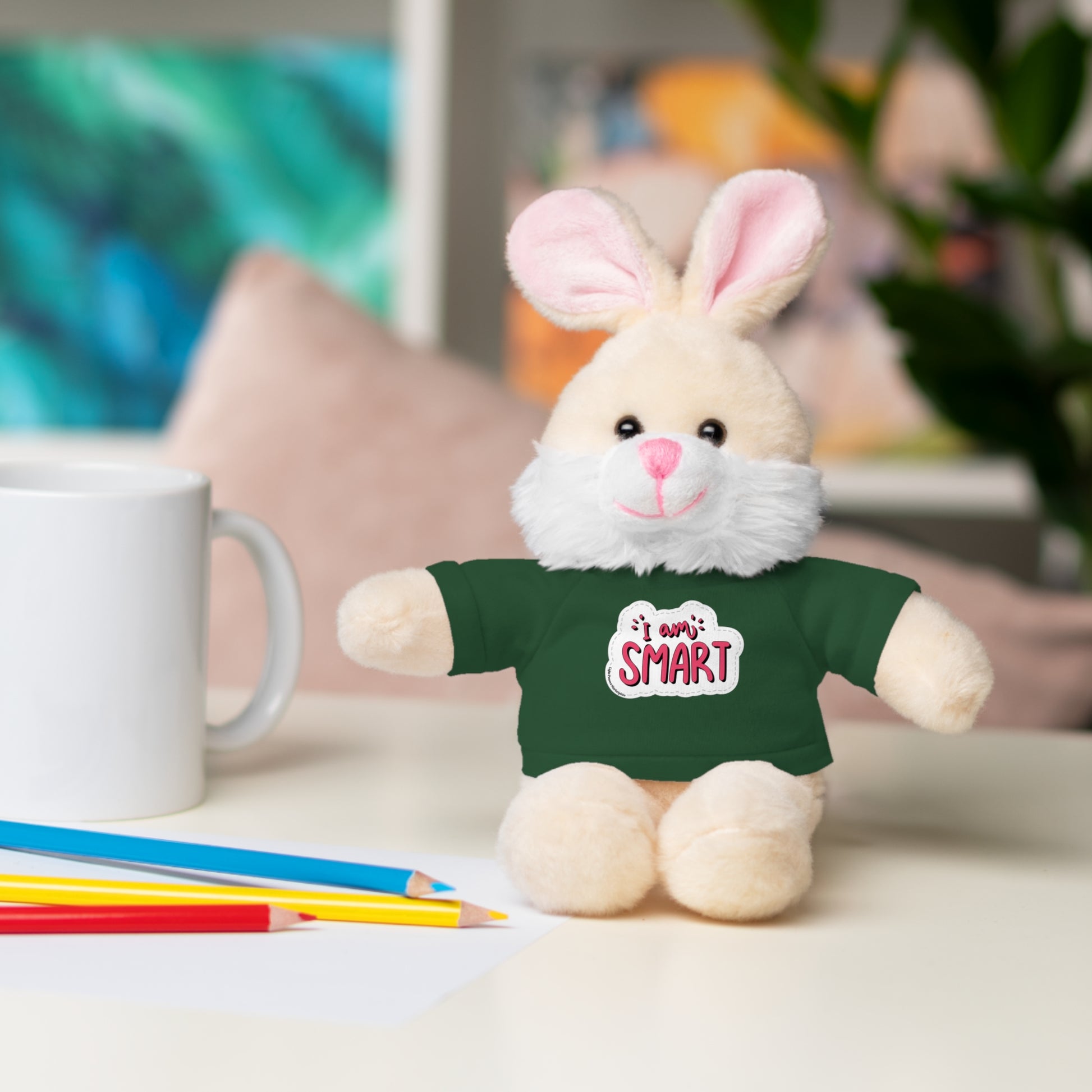 Cool Stuff Stuffies plush bunny wearing a removable T-shirt with 'I am Smart' message, part of a set featuring six educational stuffed animals.