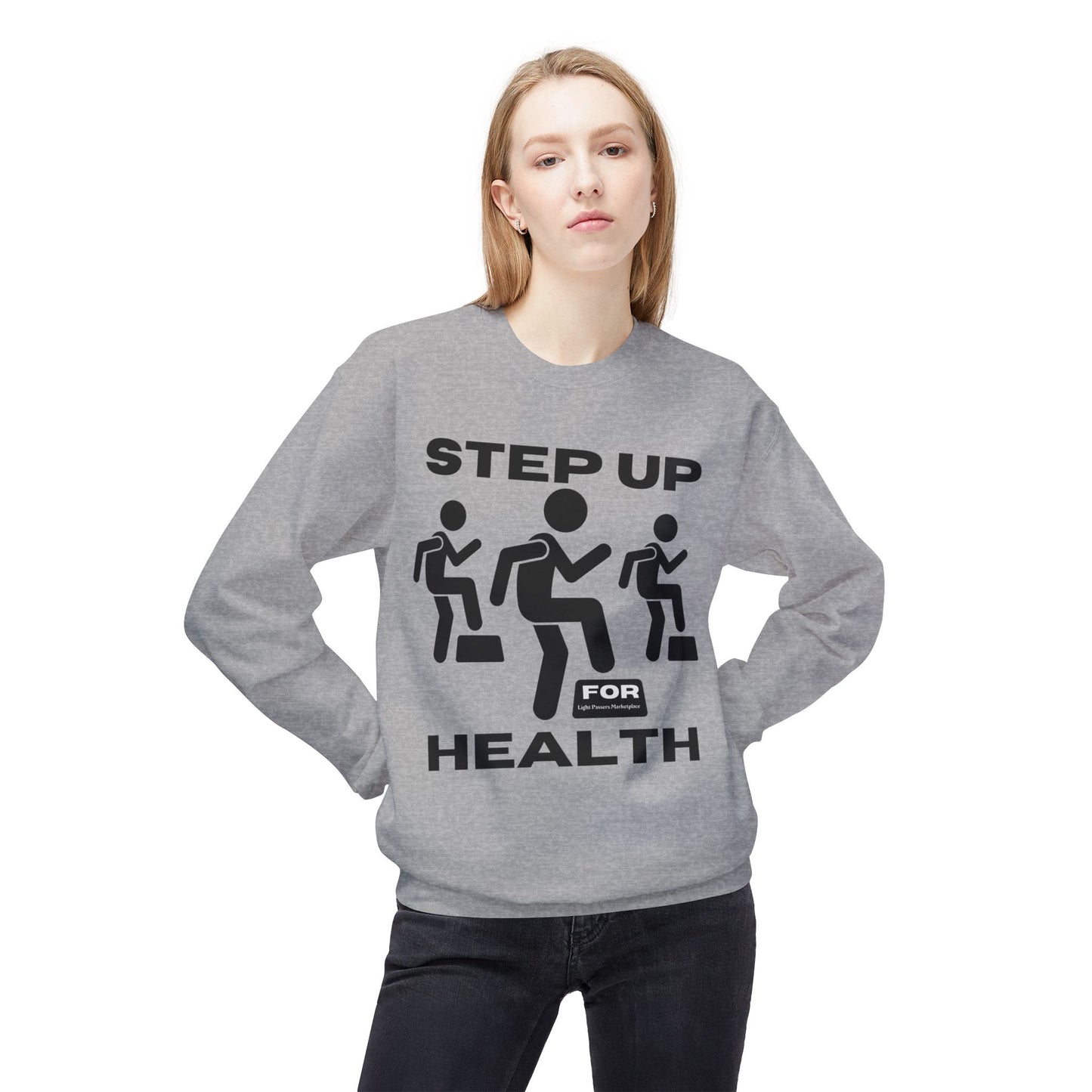 Fitness Motivation Crewneck Sweatshirt - Step up for Health: Woman in grey sweatshirt with motivational graphic, showcasing relaxed fit and ribbed cuffs, ideal for activewear.