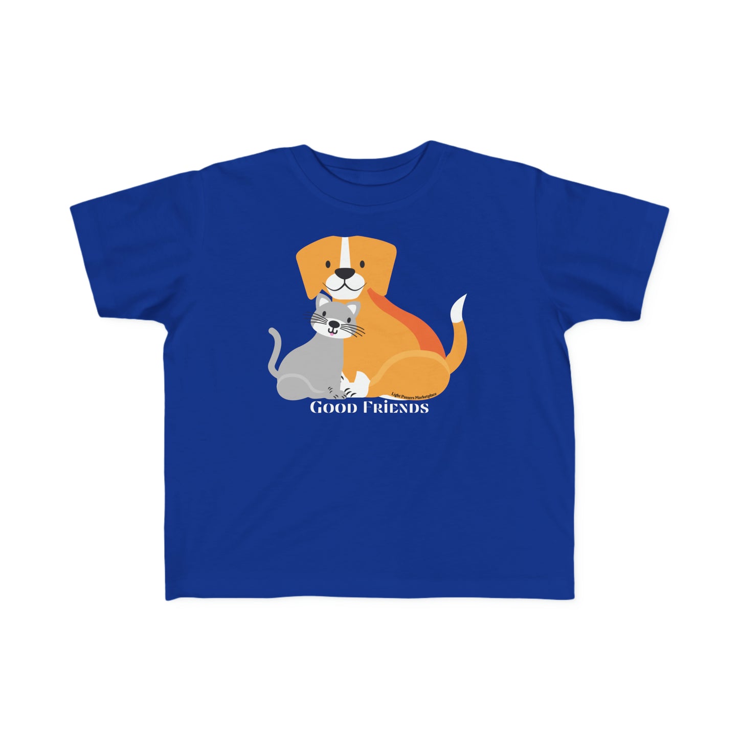 A toddler's tee featuring a cartoon cat and dog design on a blue shirt. Made of soft 100% combed cotton, with a durable print and tear-away label.