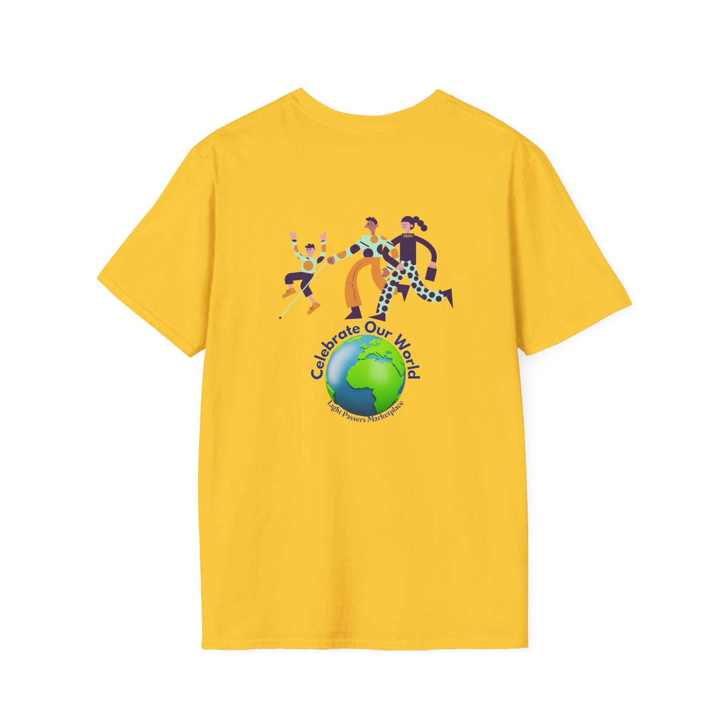 A yellow unisex t-shirt featuring a globe and people graphic. Made of soft 100% cotton with twill tape shoulders for durability and ribbed collar. Ethically sourced and Oeko-Tex certified.