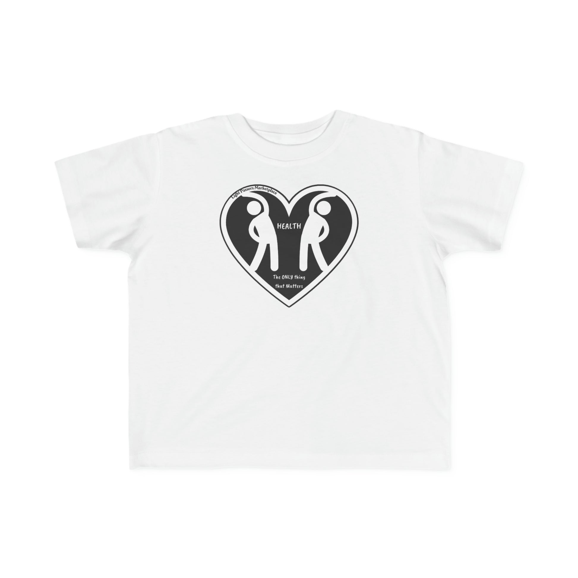 A toddler's white tee featuring black and white figures in heart shapes. Soft, durable fabric with a high-quality print, perfect for little ones.