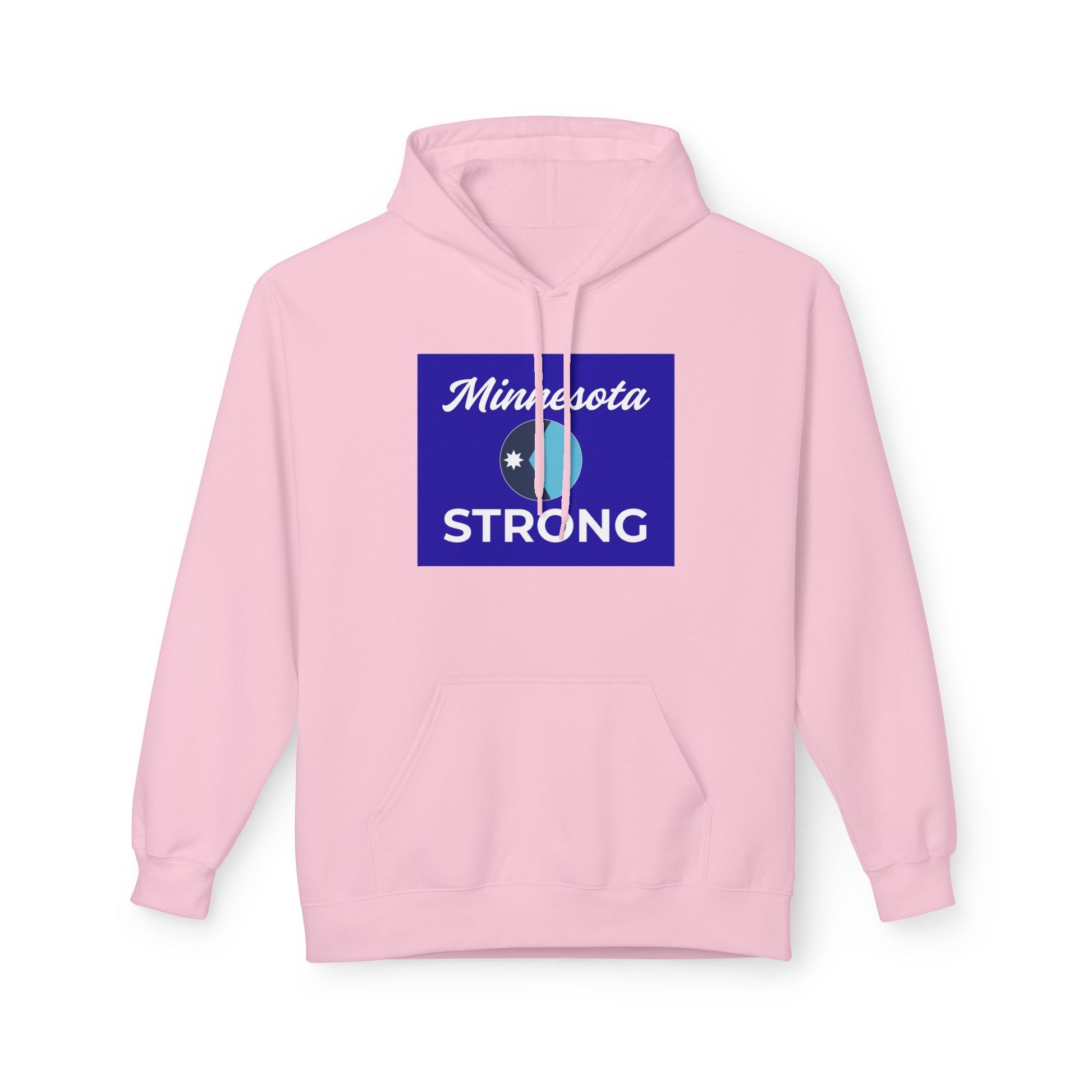 Light-pink hoodie with Minnesota Strong navy graphic, kangaroo pocket, and drawstrings. Midweight, brushed interior, unisex sizes S to 5XL, inspired by resilience.