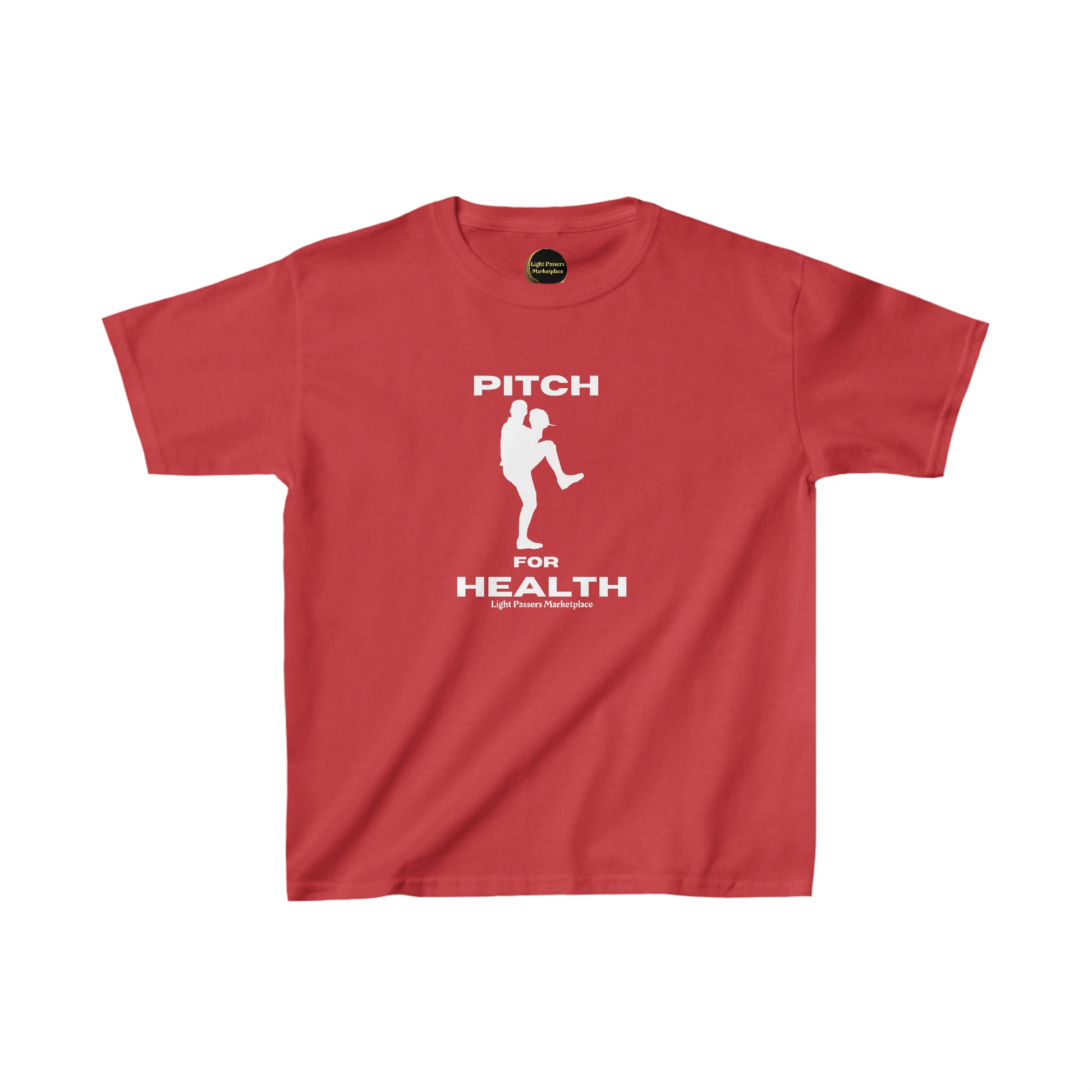 A red youth cotton t-shirt with white text, perfect for everyday wear. Made of 100% cotton for solid colors, featuring twill tape shoulders and ribbed collar for durability. Made in the USA.