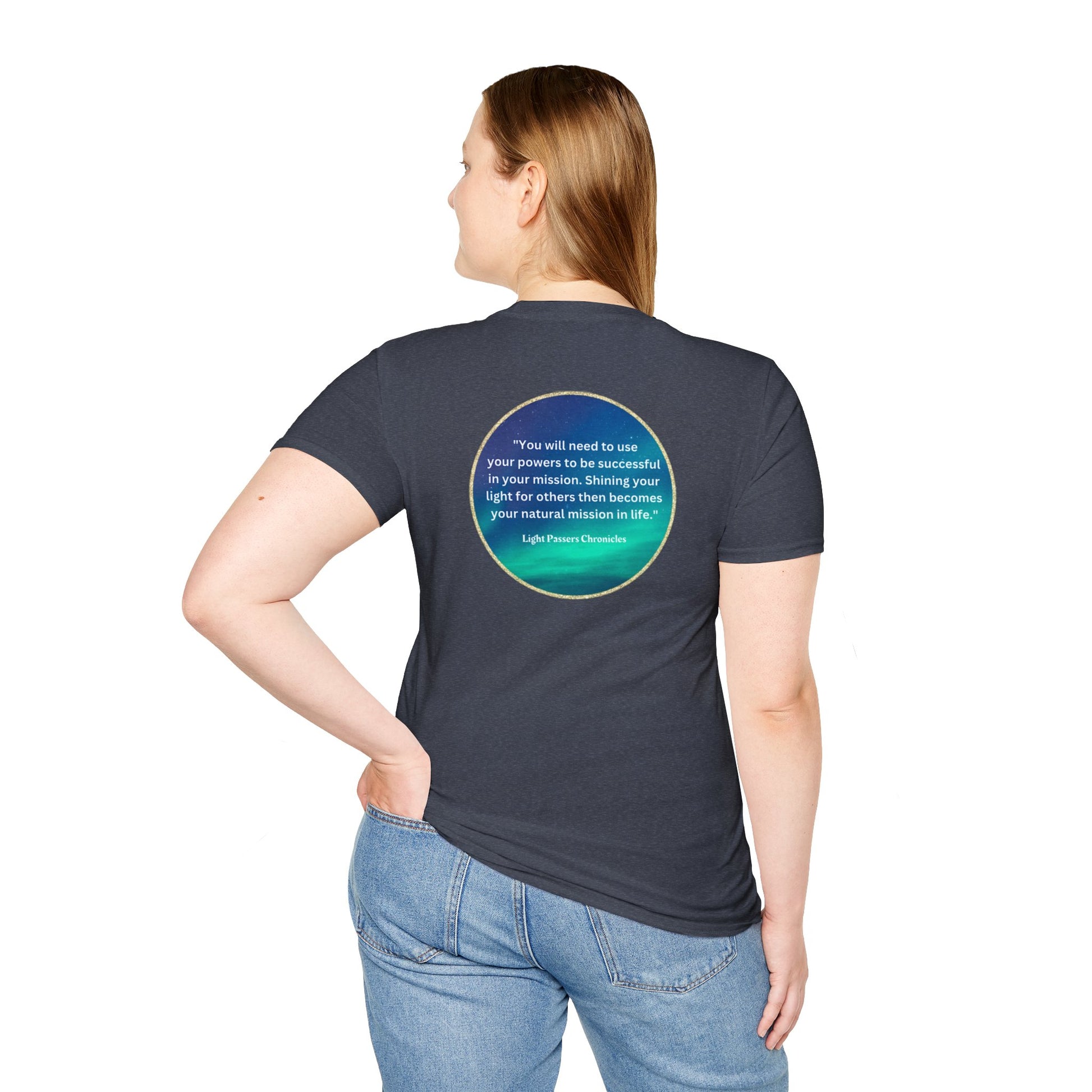 Unisex heavy cotton tee with a turquoise circle design on the back. Smooth surface for vibrant printing, no side seams, tape on shoulders for durability. Classic fit, 100% cotton.