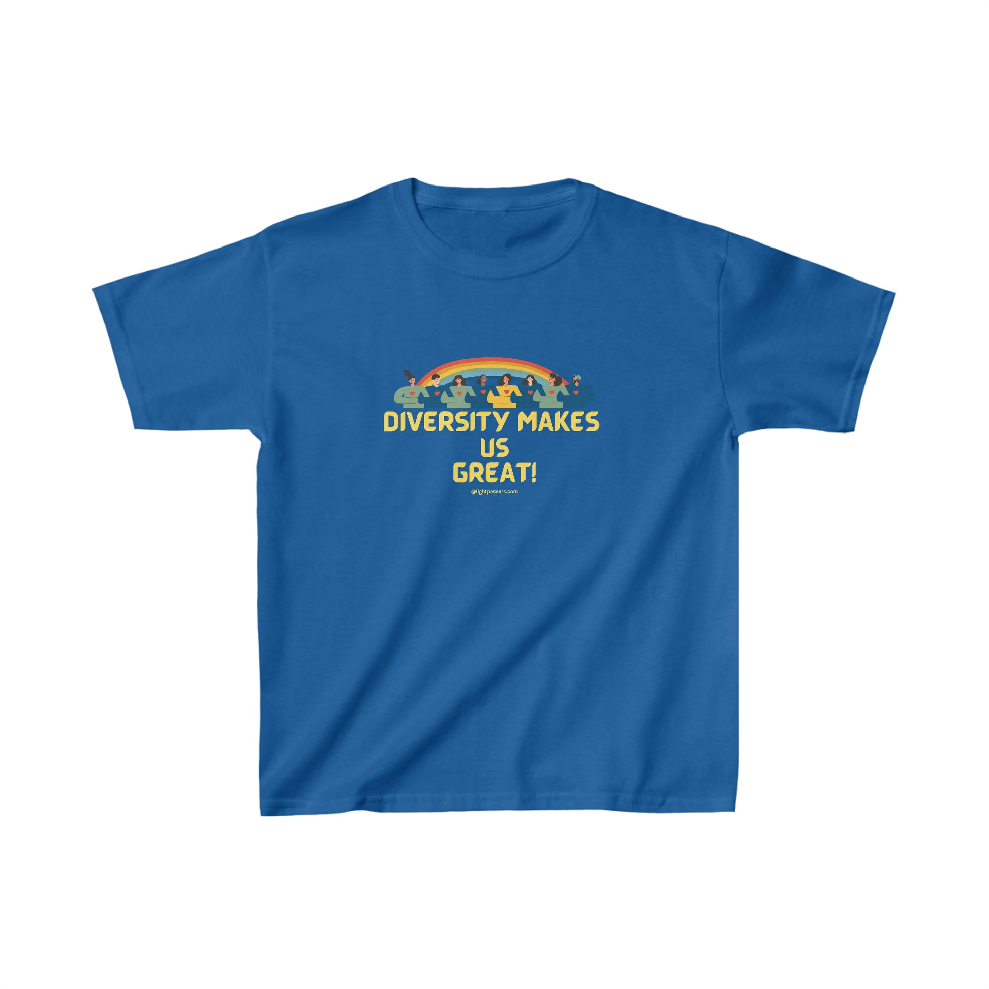 Youth t-shirt featuring a diverse group of people and a rainbow design. Made of 100% cotton with twill tape shoulders for durability. Ideal for everyday wear.