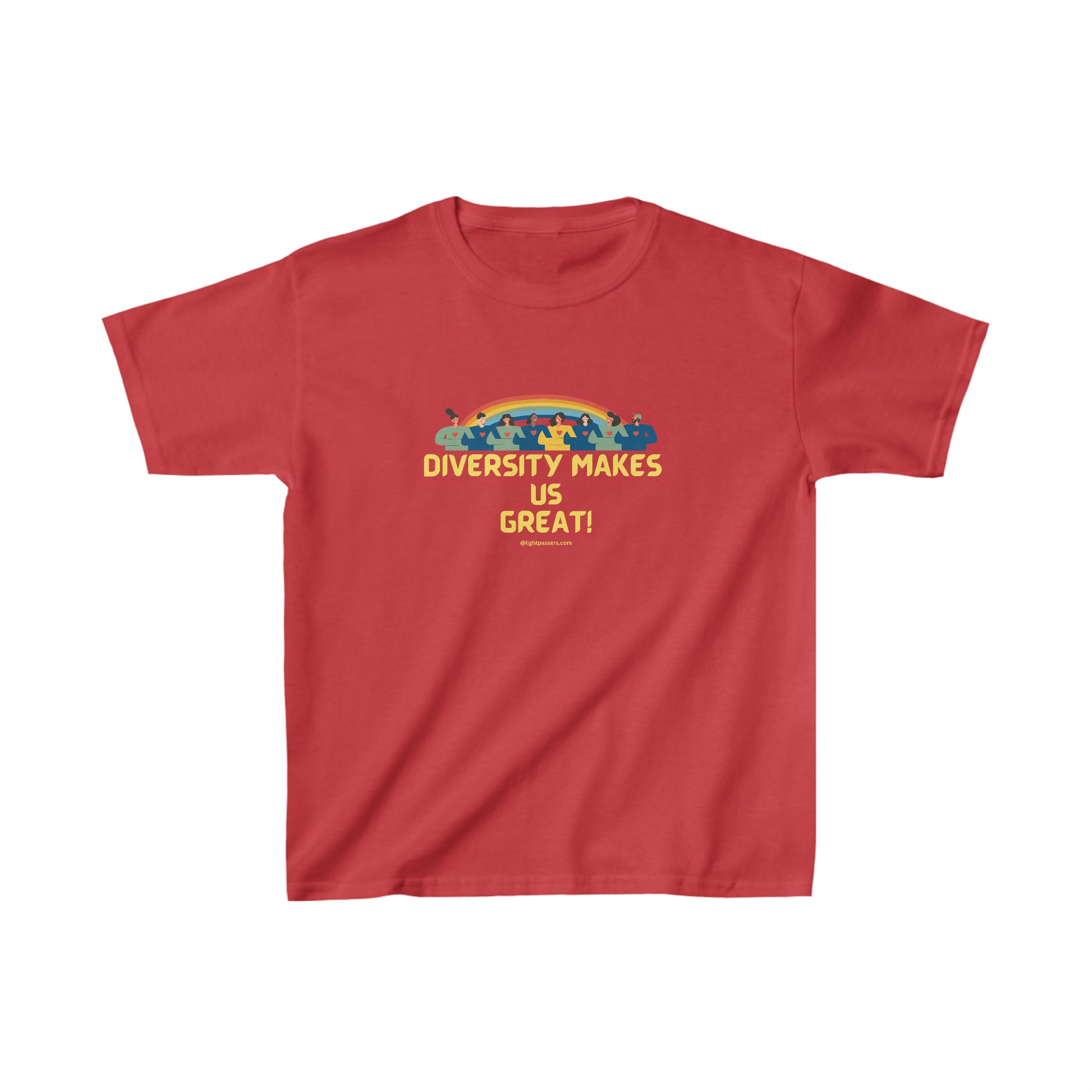 Youth T-shirt with Diversity Makes Us Great text. Red shirt with yellow letters. 100% cotton, twill tape shoulders, ribbed collar, no side seams. Ideal for printing.