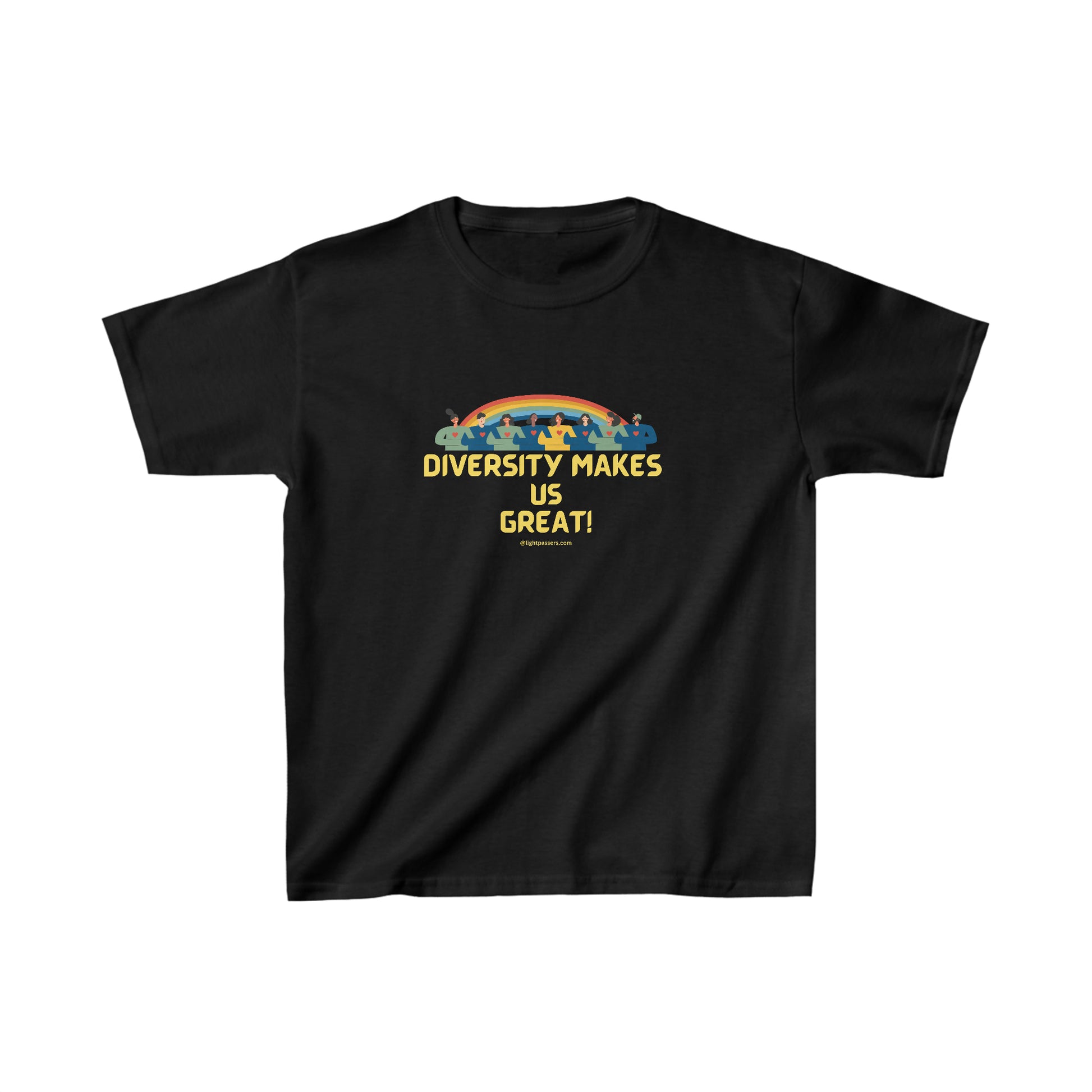 Youth T-shirt featuring Diversity Makes Us Great text. Black fabric with yellow print. 100% cotton. Twill tape shoulders, ribbed collar. Tear-away label. Classic fit. 5.3 oz midweight.