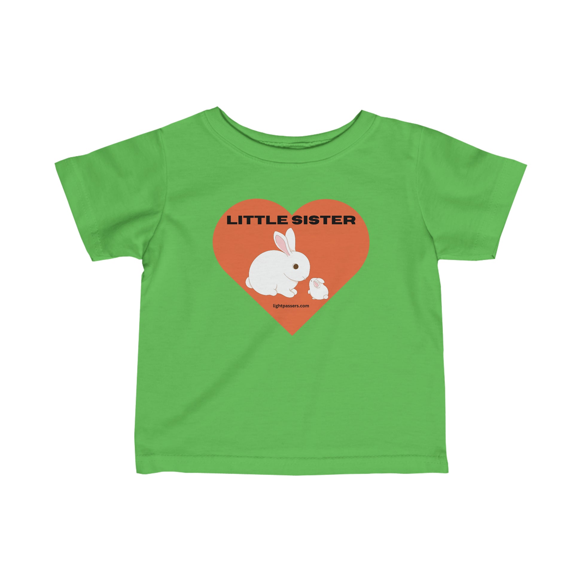 A green shirt featuring a white rabbit and heart design, ideal for little sisters. Infant fine jersey tee with side seams, ribbed knitting, and taped shoulders for durability and comfort.