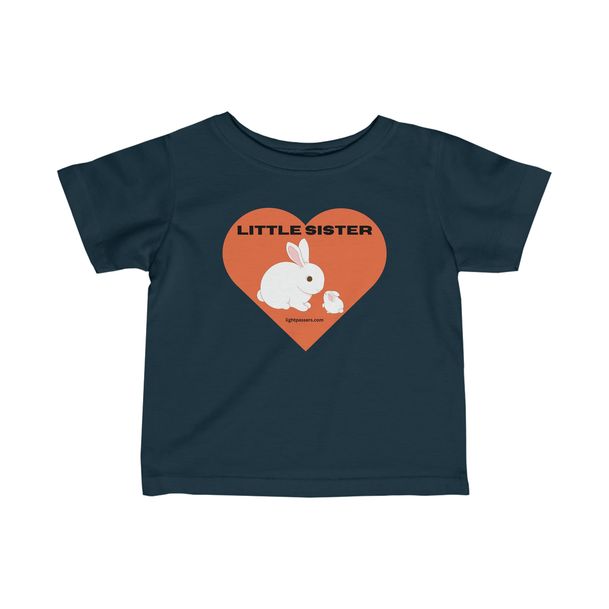 Infant fine jersey tee with a white rabbit and heart design. Side seams, ribbed knitting, and taped shoulders for durability and comfort. Little Sister Baby T-shirts.