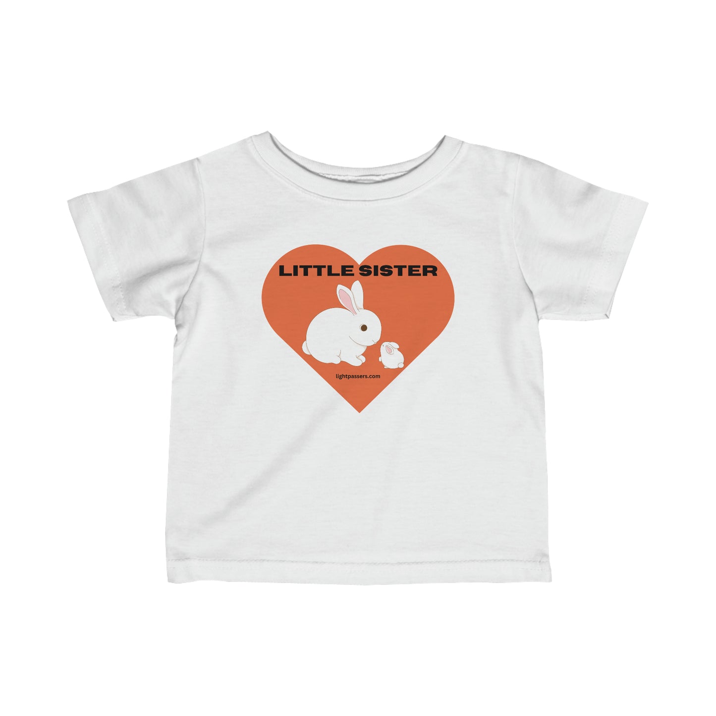 A white baby t-shirt featuring a rabbit and heart design, with ribbed knitting for durability and taped shoulders for a comfy fit. Ideal for younglings, this tee is made of 100% combed ringspun cotton.