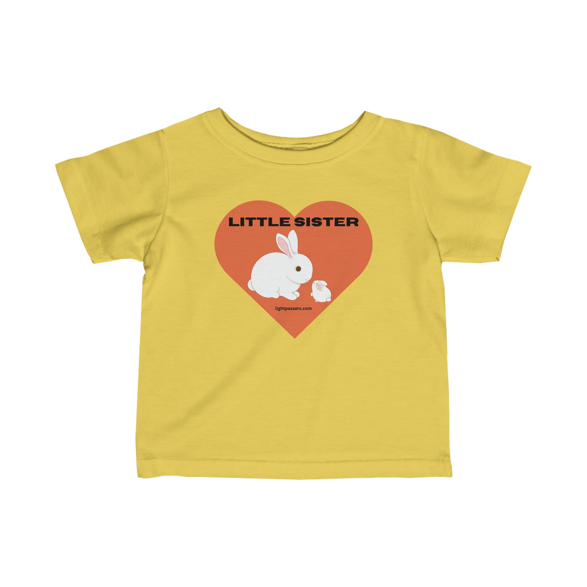 Infant fine jersey tee with a yellow shirt featuring a rabbit and heart design. Side seams, ribbed knitting, and taped shoulders for durability and comfort. Little Sister Baby T-shirts.
