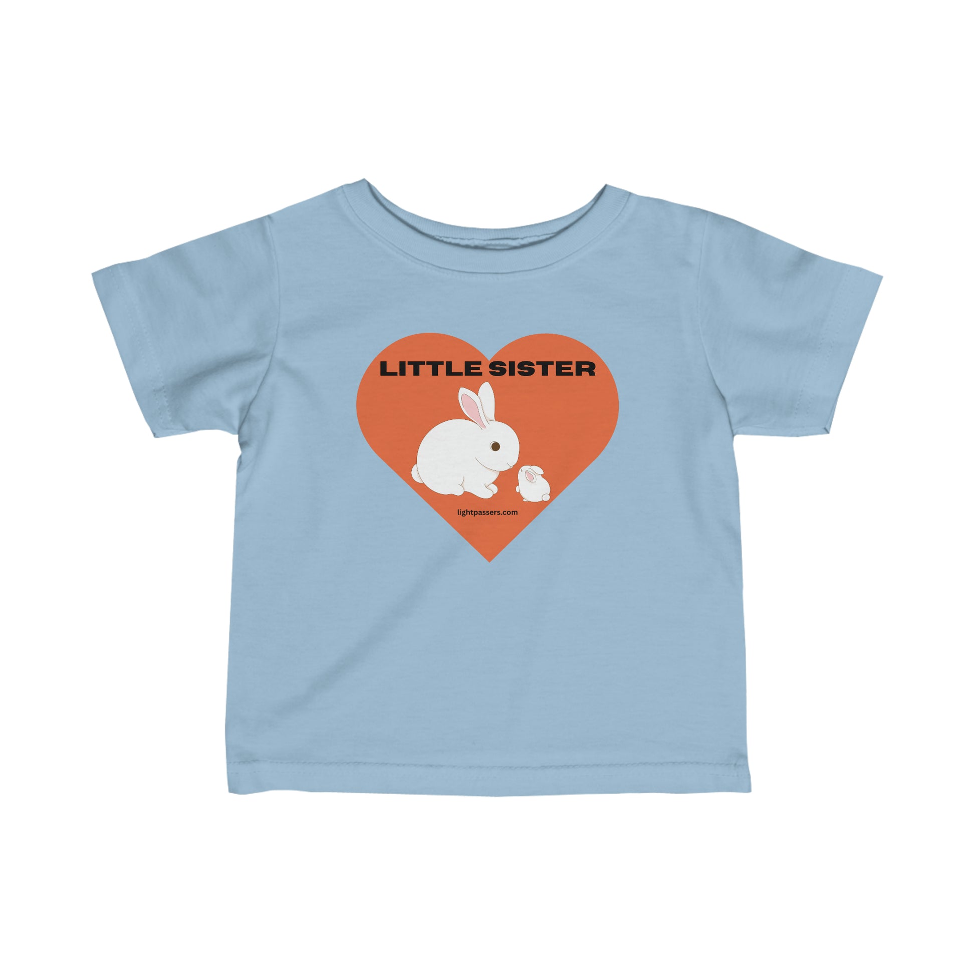 Infant fine jersey tee with a rabbit and heart design, ribbed knitting for durability, taped shoulders for comfort. 100% Combed ringspun cotton, light fabric, classic fit. Little Sister Baby T-shirts.