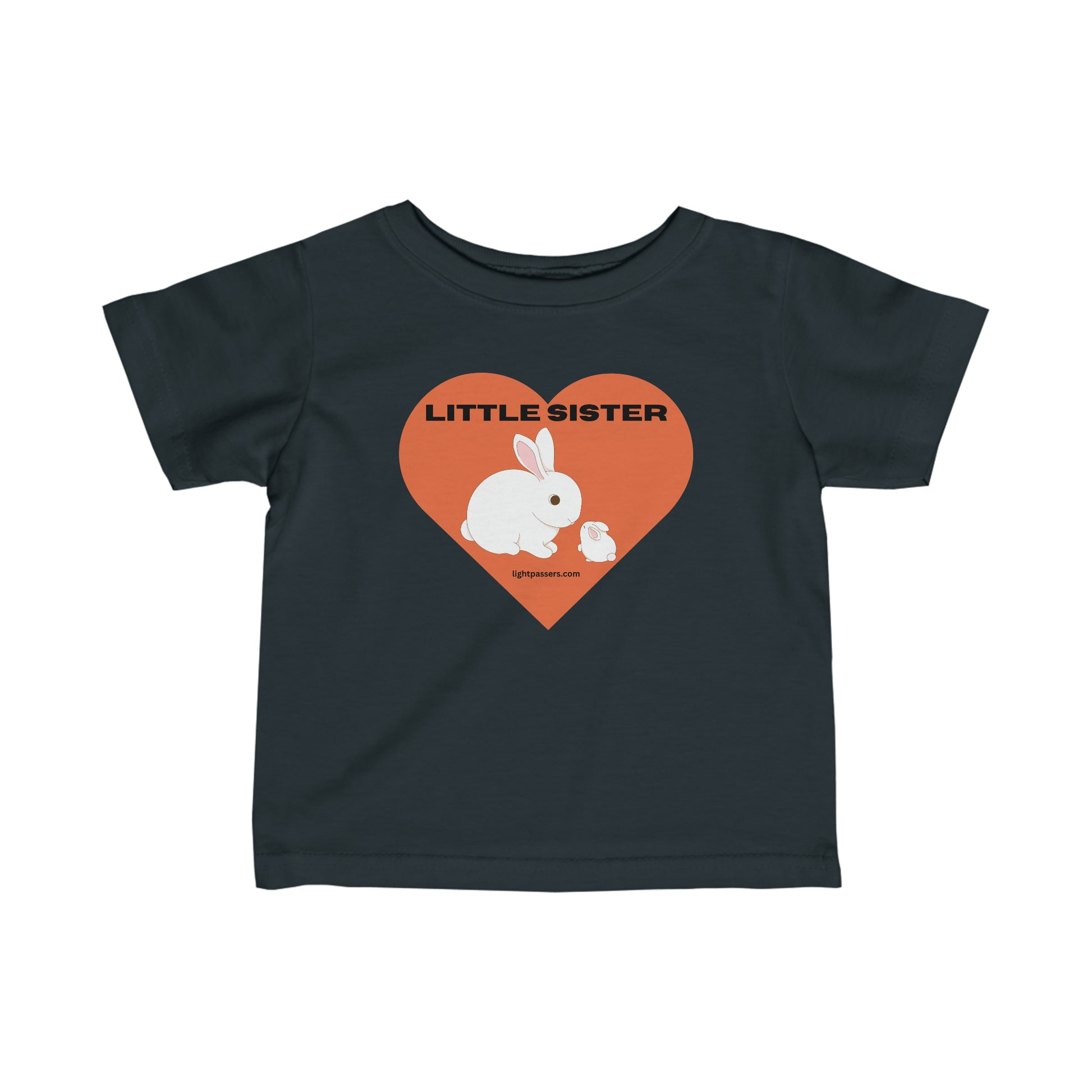 Infant fine jersey tee with a white rabbit and heart design, perfect for little sisters. Side seams, ribbed knitting, and taped shoulders for durability and comfort.
