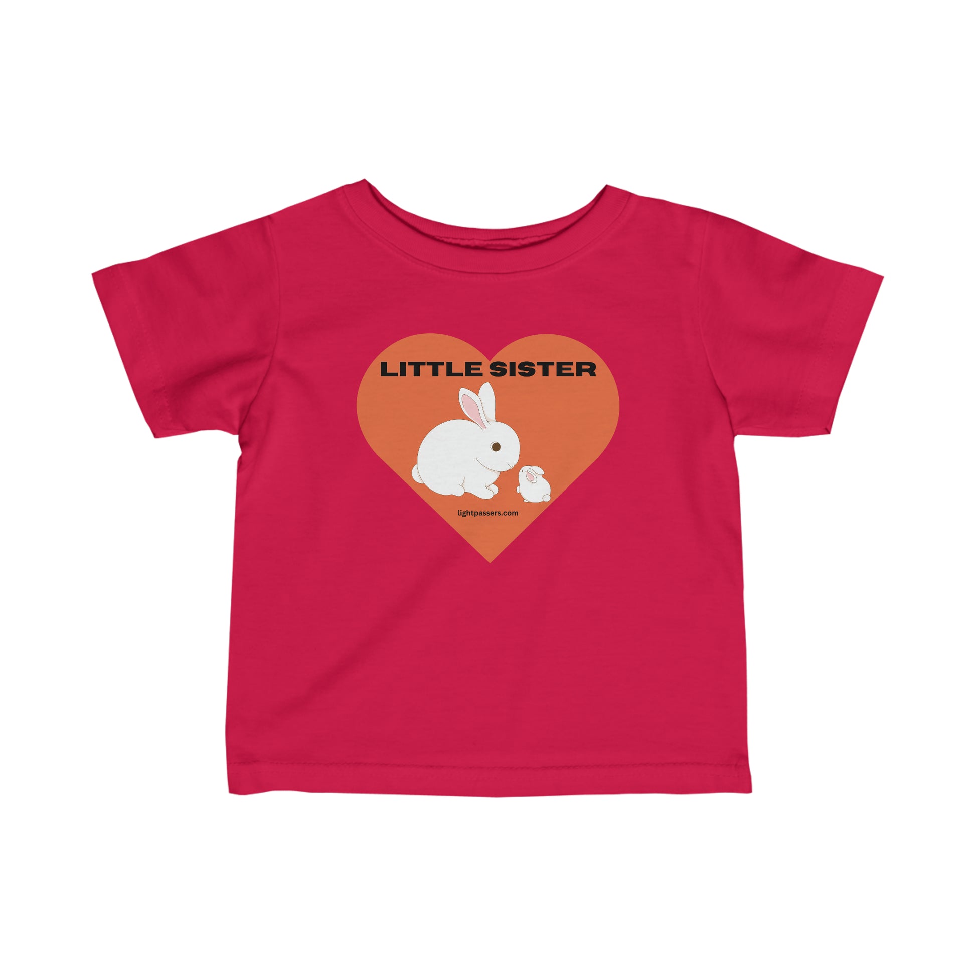 A pink infant tee with a cute rabbit and heart design, featuring side seams for shape support, ribbed knitting for durability, and taped shoulders for comfort. Little Sister Baby T-shirts for younglings.