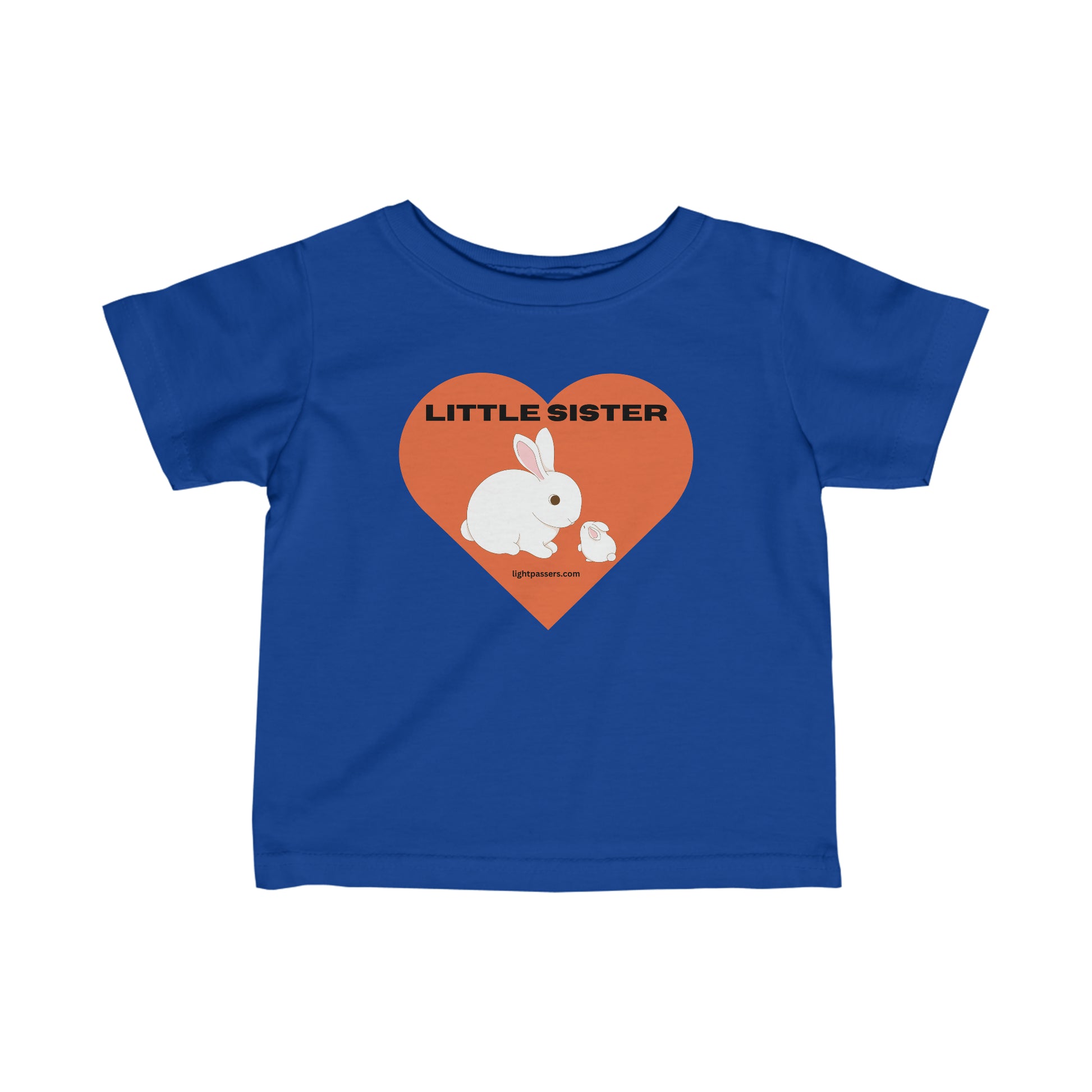 Infant fine jersey tee with a rabbit and heart design, perfect for little sisters. Side seams, ribbed knitting, and taped shoulders for durability and comfort. Classic fit, 100% combed ringspun cotton.