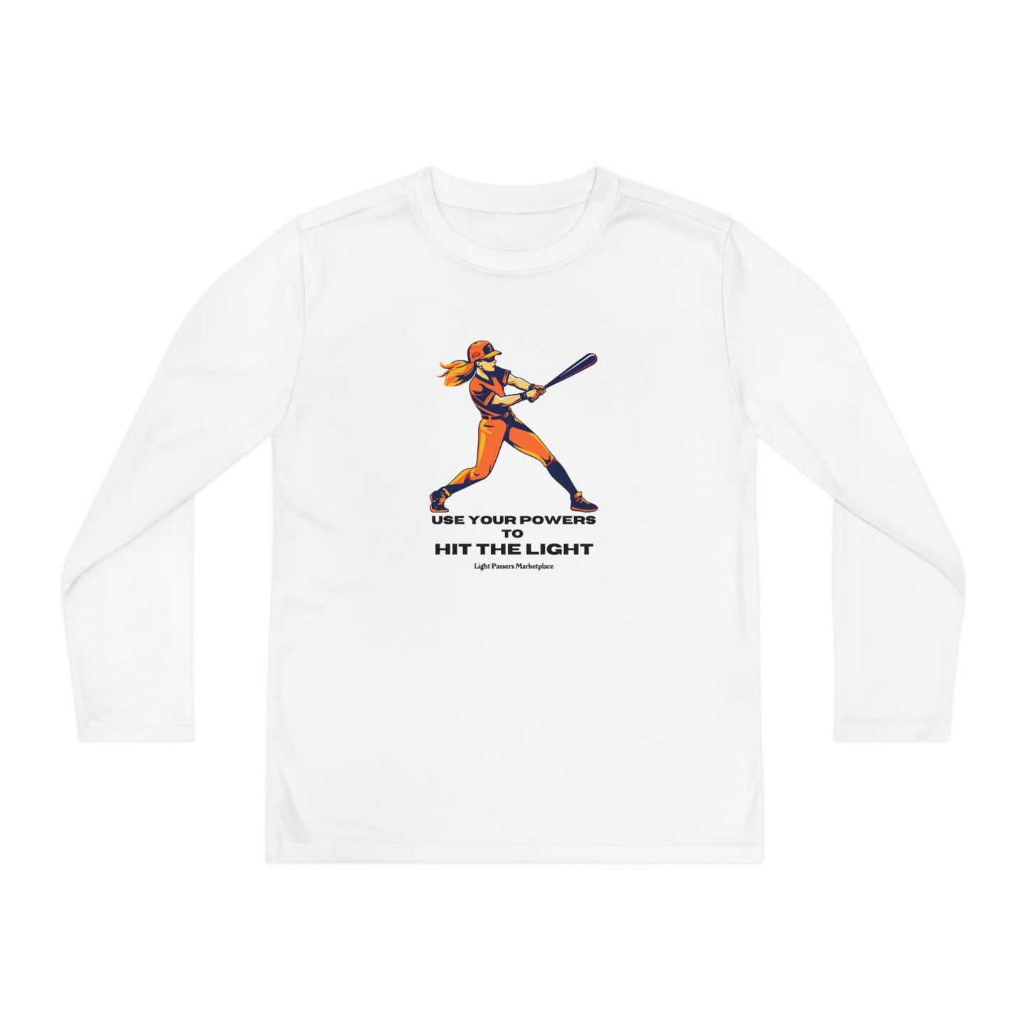 A white long-sleeved tee featuring a baseball player with a bat, perfect for active kids. Made of 100% moisture-wicking polyester for comfort and style.