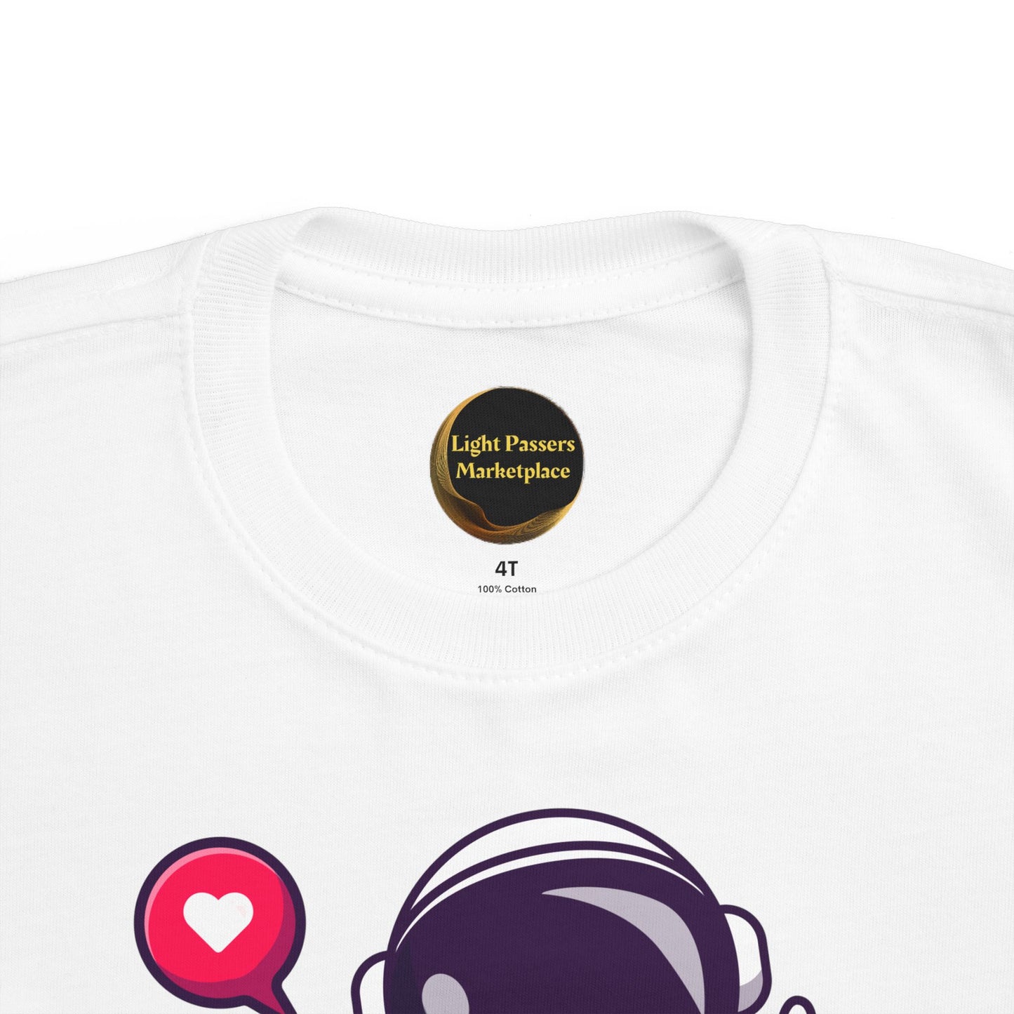 Peace Astronaut Toddler T-shirt, featuring a gentle cotton fabric and a durable print of a speech bubble and cartoonish astronaut helmet, perfect for sensitive skin.