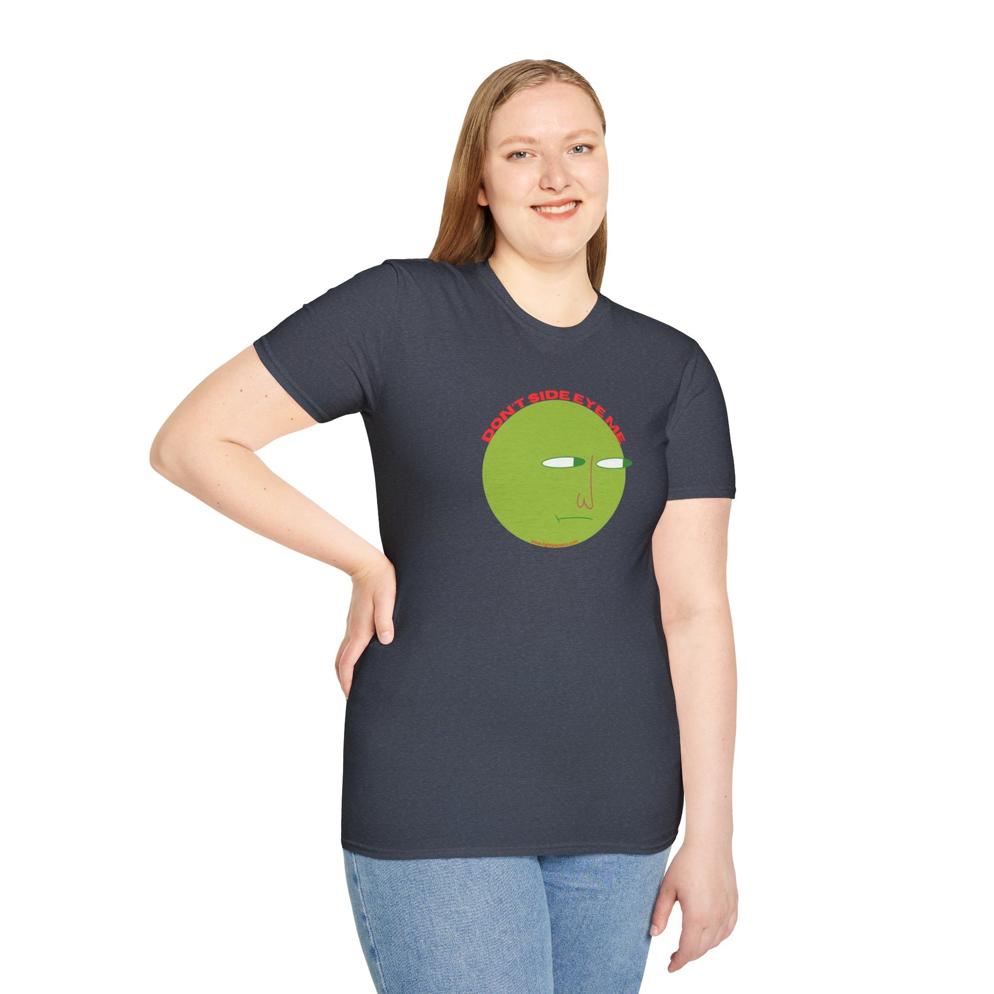 A woman in a grey soft-style unisex t-shirt, smiling, showcasing the casual comfort of the Don't Side Eye Me tee. Made from 100% ring-spun cotton, with twill tape shoulders and no side seams for durability.