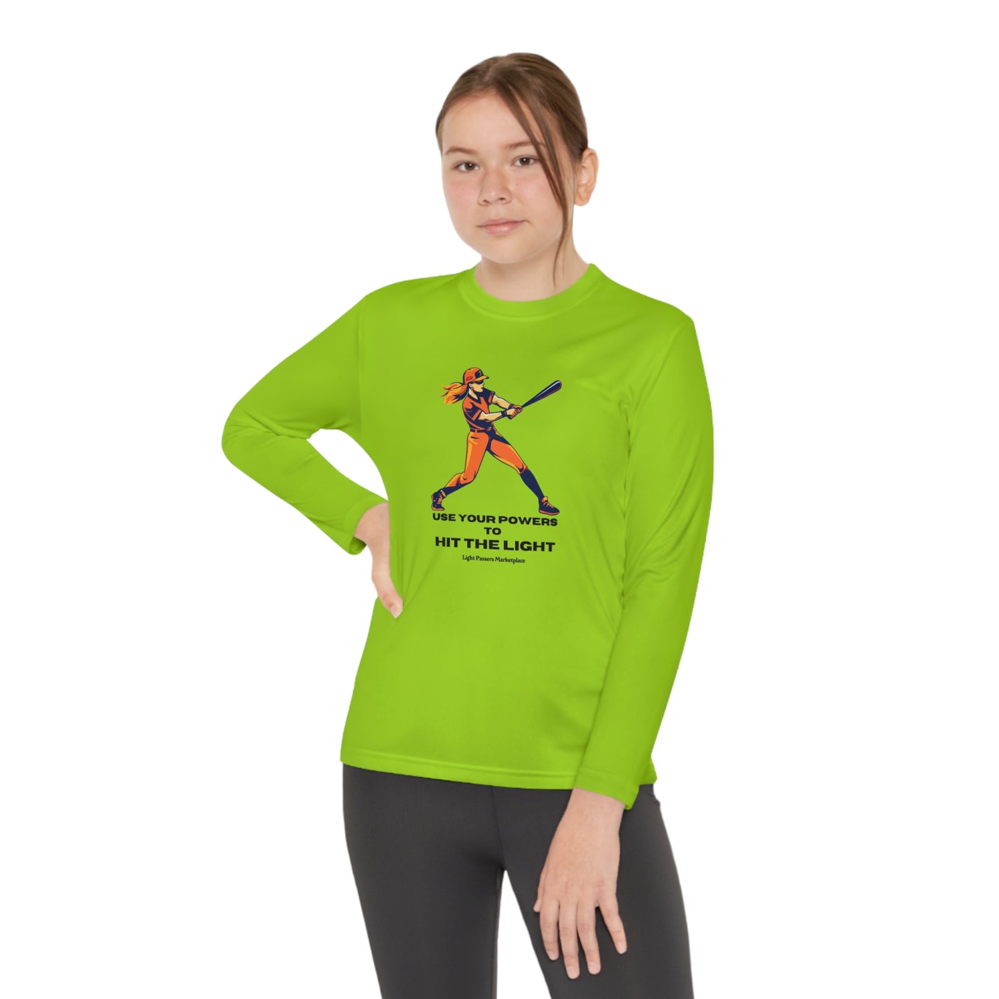 A girl swings a baseball bat in a green shirt, showcasing the Sport-Tek PosiCharge ® Competitor™ tee for active kids. Made of moisture-wicking polyester, this lightweight, breathable tee is perfect for sports.