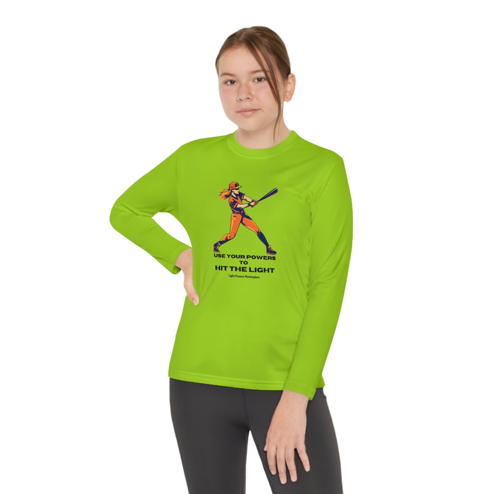 A girl swings a baseball bat in a green shirt, showcasing the Sport-Tek PosiCharge ® Competitor™ tee for active kids. Made of moisture-wicking polyester, this lightweight, breathable tee is perfect for sports.