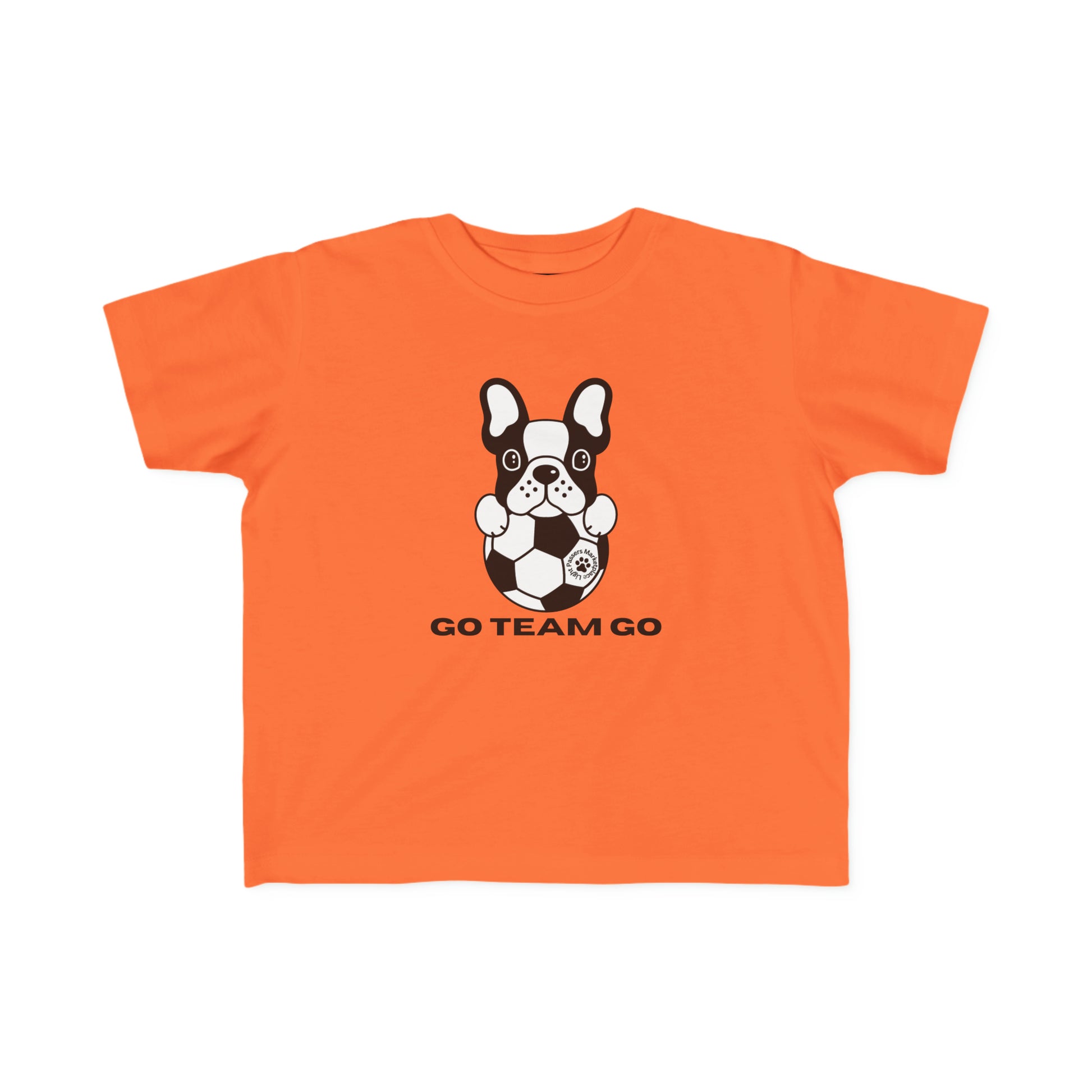 Toddler T-shirt featuring a dog with a football, ideal for sensitive skin. 100% combed cotton, light fabric, tear-away label, classic fit. Soccer Dog Go Team Go design.