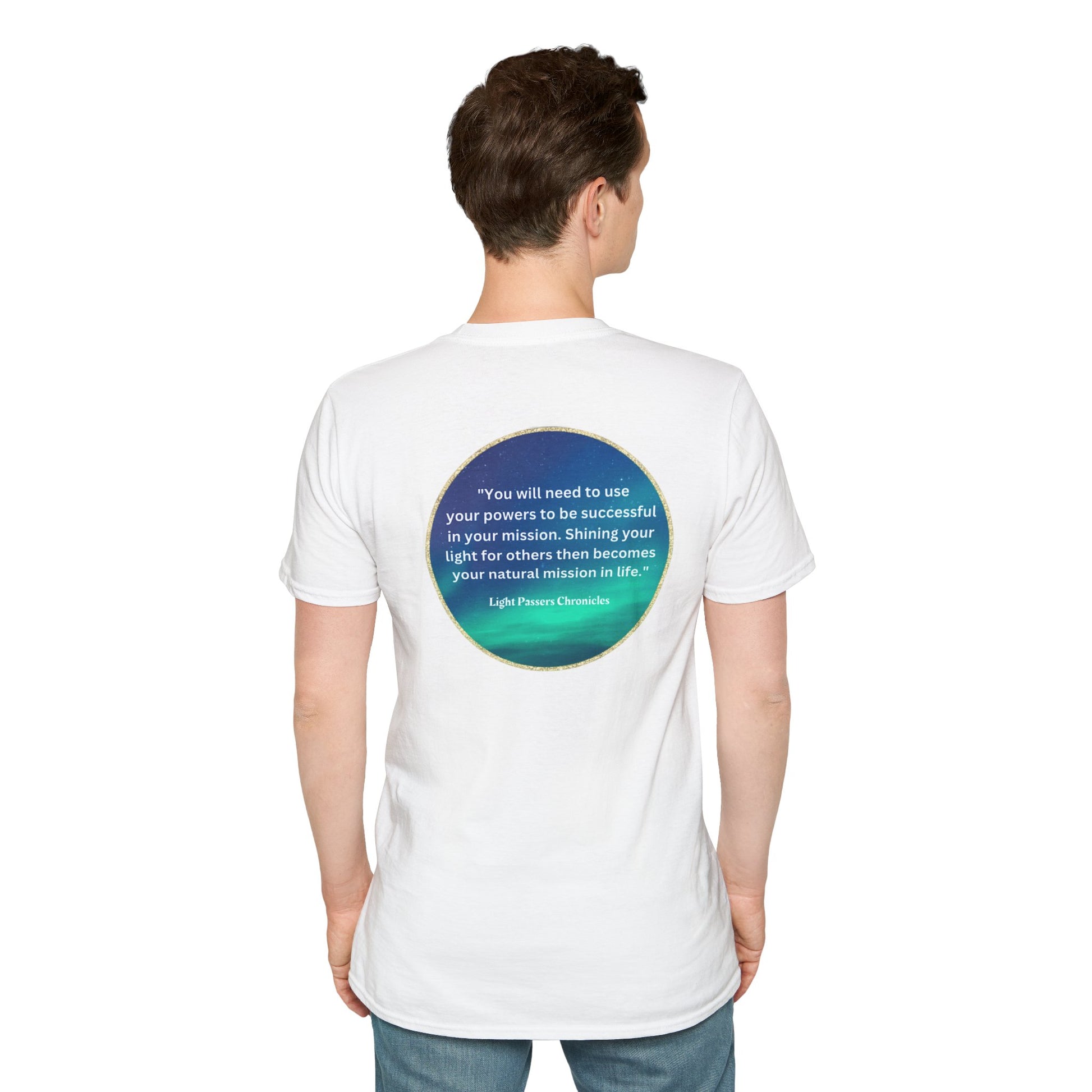 Unisex heavy cotton tee with a turquoise circle design on the back. Classic fit, 100% cotton, no side seams for comfort, and durable taped shoulders. Elevate your casual wardrobe effortlessly.