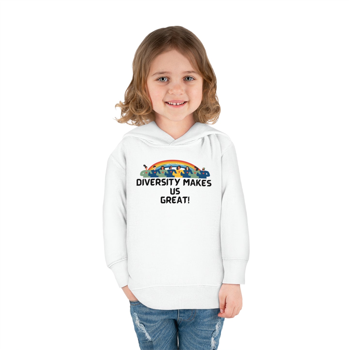 A blonde child in a white Rainbow-themed toddler hoodie, smiling. Features jersey-lined hood, cover-stitched details, side pockets for cozy comfort.