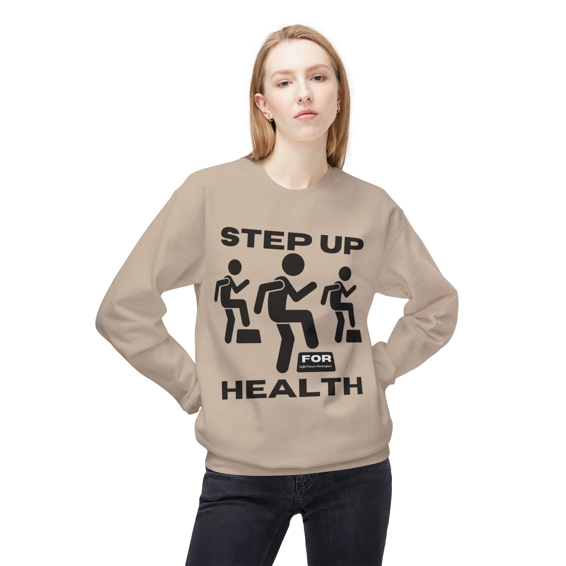 Woman wearing the Fitness Motivation Crewneck Sweatshirt - Step up for Health, showcasing its relaxed fit and ribbed cuffs, ideal for active and casual wear.