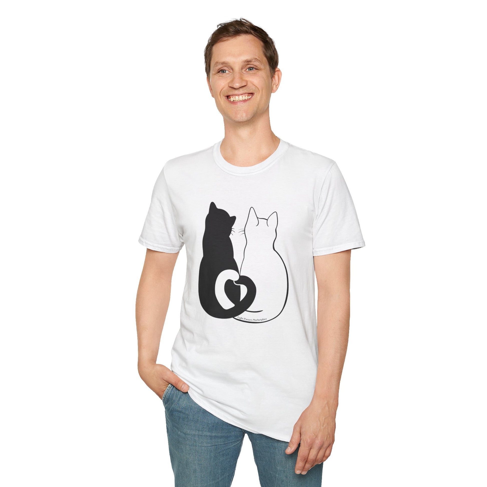 A man in a white Cats in Love unisex t-shirt, featuring a cat design, smiles. Made of soft 100% cotton, with twill tape shoulders for durability and a ribbed collar. Ethically produced by Gildan.