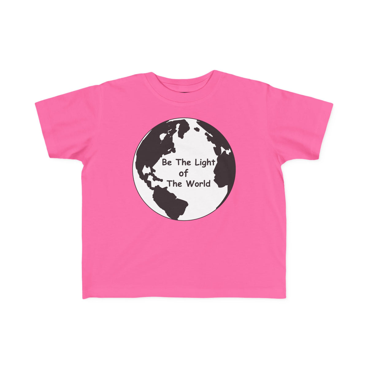 Toddler pink T-shirt with globe graphic and inspirational “Be The Light Of The World” text
