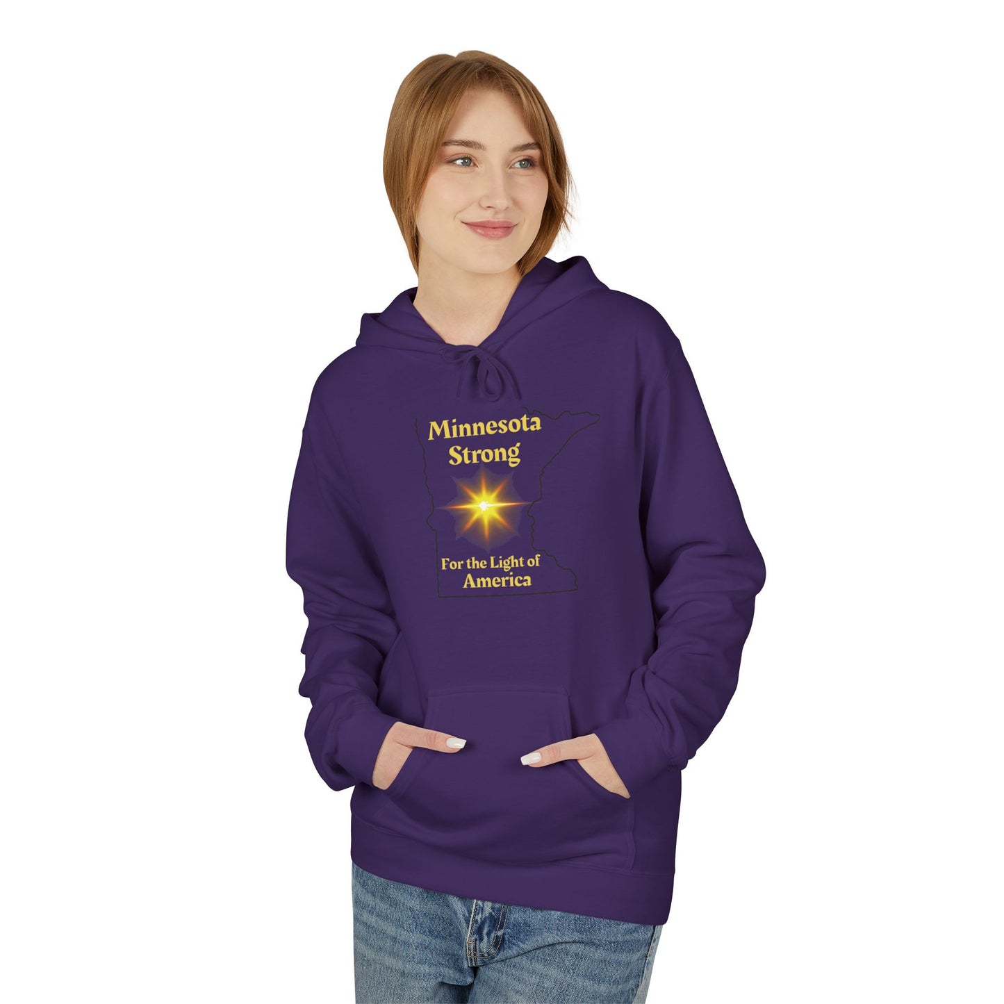 Young person in a purple Love and Peace The Light hoodie with Minnesota map and Minnesota Strong text, embodying community and warmth.