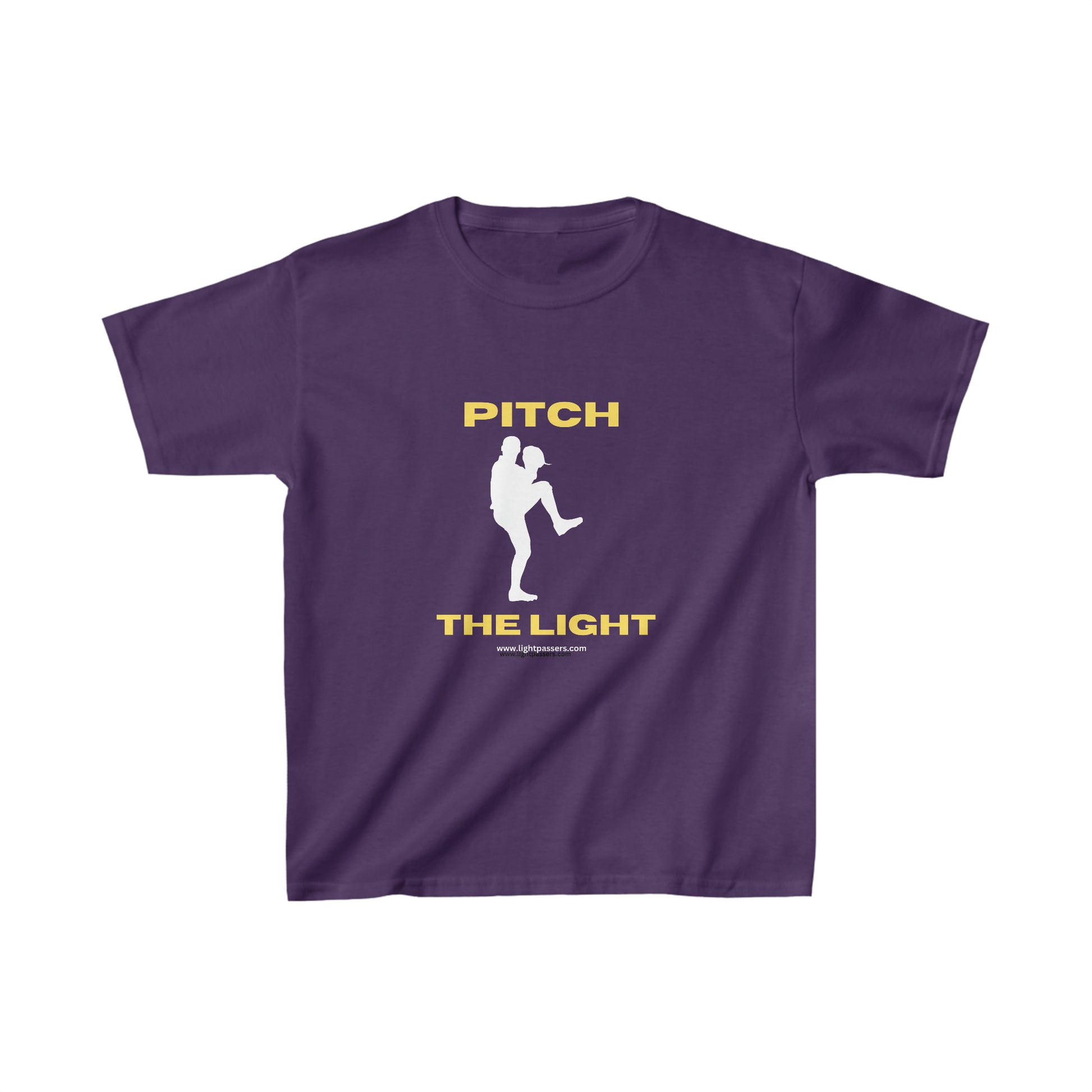 Youth purple shirt with white silhouette of a person holding a baseball bat. 100% cotton, durable twill tape shoulders, curl-resistant collar, no side seams. Ideal for everyday wear.