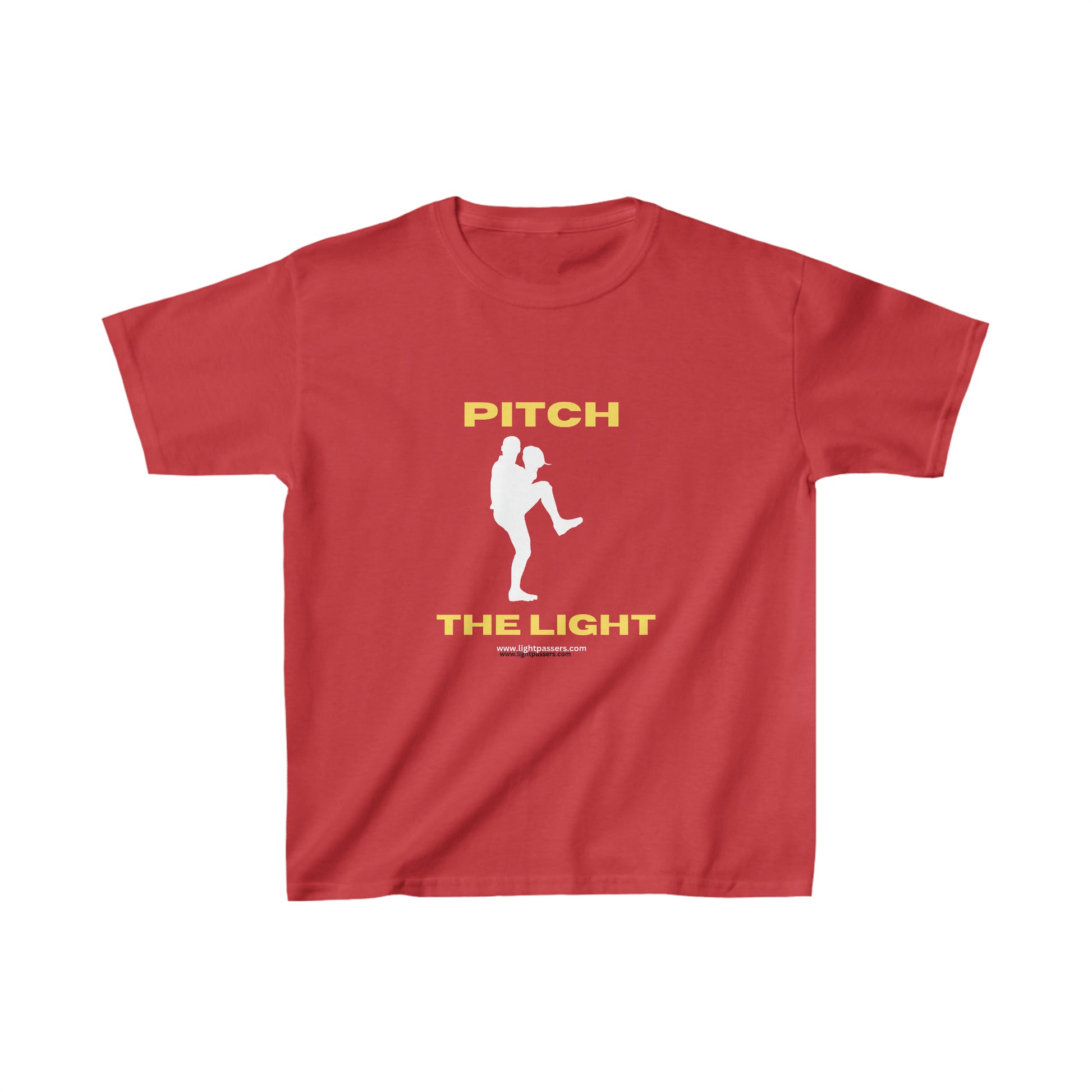 Youth T-shirt with a red shirt featuring a white graphic design. Made of 100% cotton, ideal for printing. Twill tape shoulders and ribbed collar for durability. Classic fit, tear-away label.