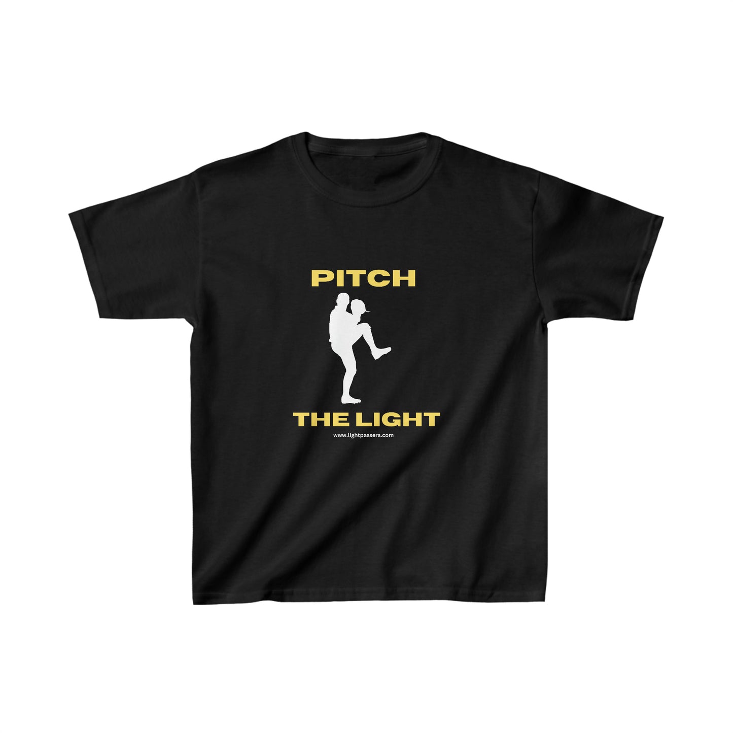 Youth black t-shirt with yellow PITCH THE LIGHT text. 100% cotton, durable twill tape shoulders, ribbed collar, no side seams. Ideal for everyday wear.