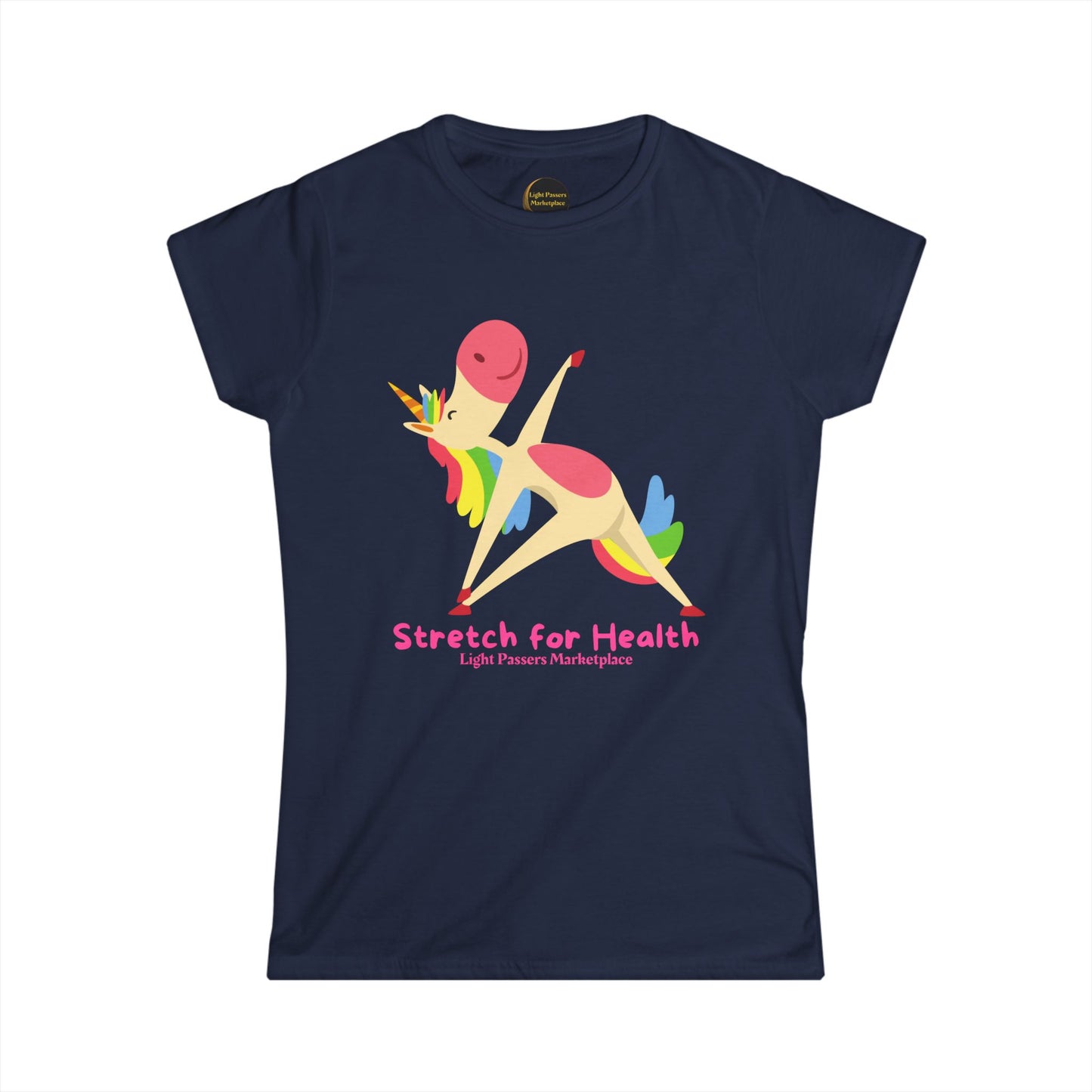 Women's Tee - Magical Unicorn Stretch for Health: Navy T-shirt with a yoga-stretching unicorn and Stretch for Health slogan, embodying a whimsical, inspirational vibe.