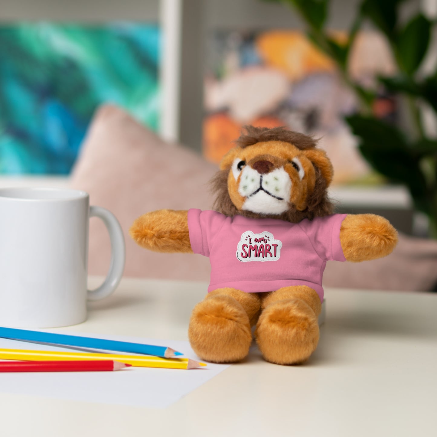 Cool Stuff Stuffies: 6 Plush Animals with 'I am Smart' T-shirts, including bear, sheep, bunny, jaguar, panda, and lion. Perfect for cuddly, educational play.