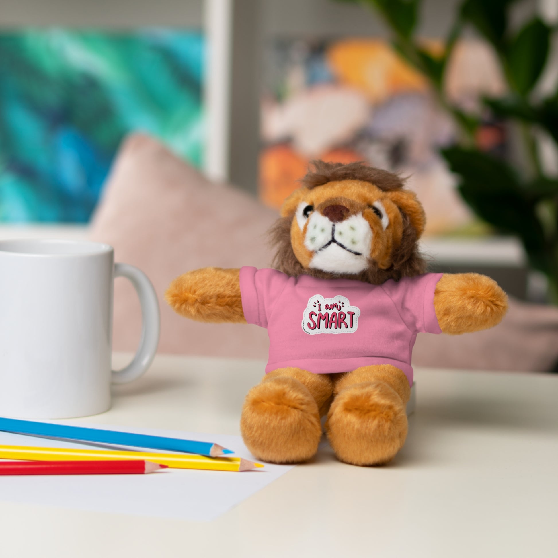 Cool Stuff Stuffies: 6 Plush Animals with 'I am Smart' T-shirts, including bear, sheep, bunny, jaguar, panda, and lion. Perfect for cuddly, educational play.