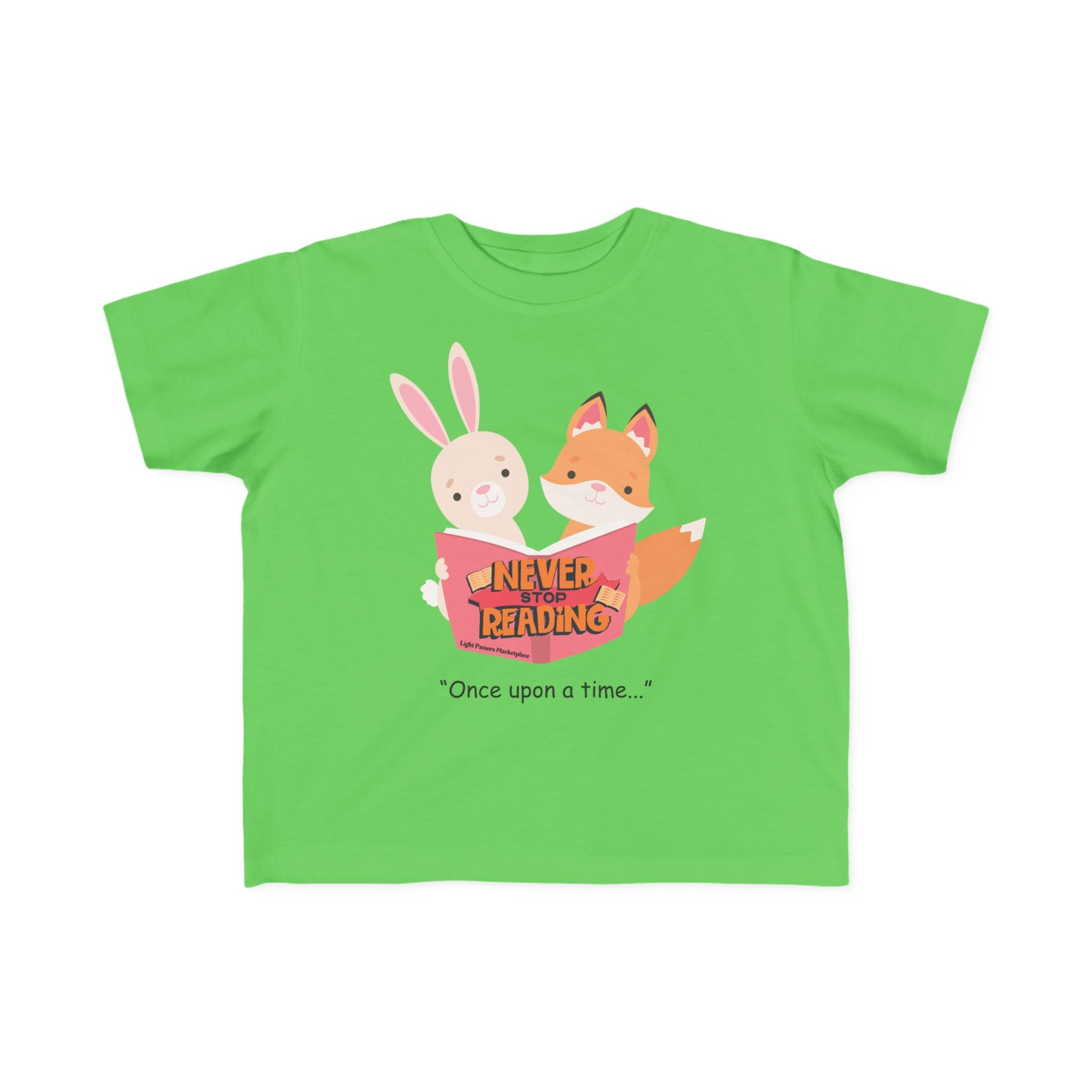 Bright green toddler T-shirt with NEVER STOP READING above cartoon bunny and fox reading a book, promoting a love for stories.