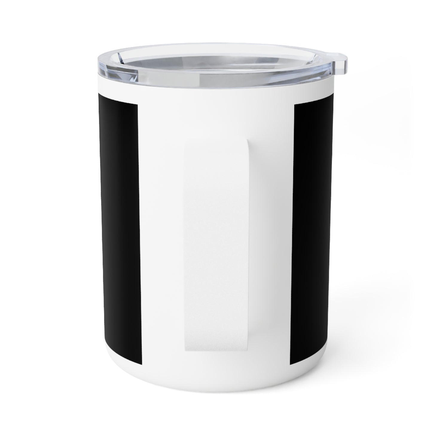 White 10oz insulated travel mug with peace sign, handle, and clear lid, designed for temperature control and spill resistance, embodying calmness and tranquility.