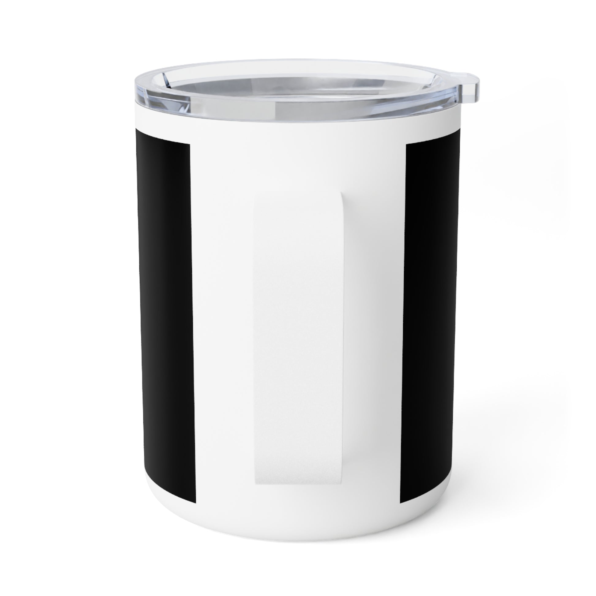 White 10oz insulated travel mug with peace sign, handle, and clear lid, designed for temperature control and spill resistance, embodying calmness and tranquility.